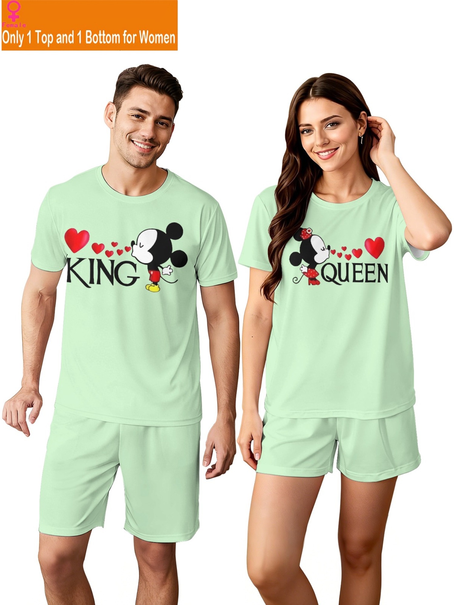Romantic King & Queen Matching Couple Outfits - Cute Cartoon Graphic T-Shirt & Shorts 2-Piece Summer Set
