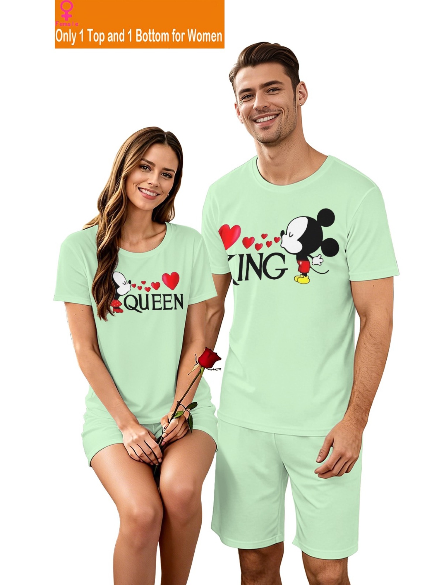 Romantic King & Queen Matching Couple Outfits - Cute Cartoon Graphic T-Shirt & Shorts 2-Piece Summer Set