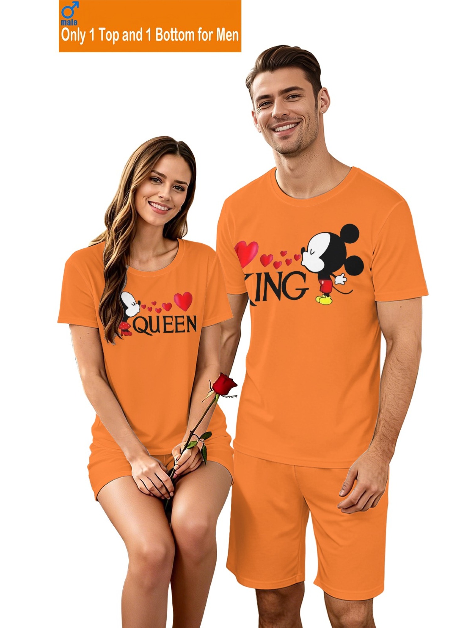 Romantic King & Queen Matching Couple Outfits - Cute Cartoon Graphic T-Shirt & Shorts 2-Piece Summer Set
