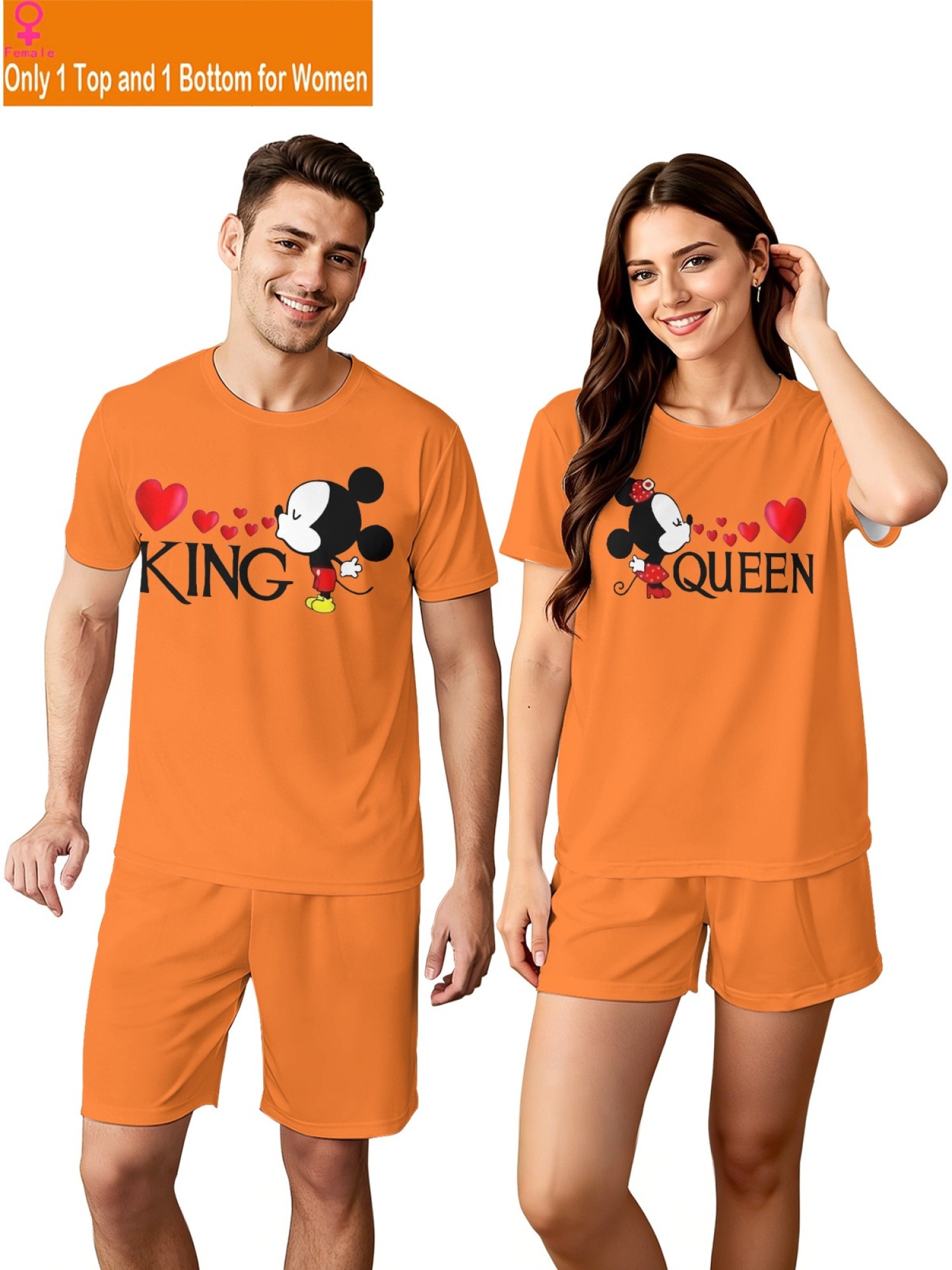 Romantic King & Queen Matching Couple Outfits - Cute Cartoon Graphic T-Shirt & Shorts 2-Piece Summer Set