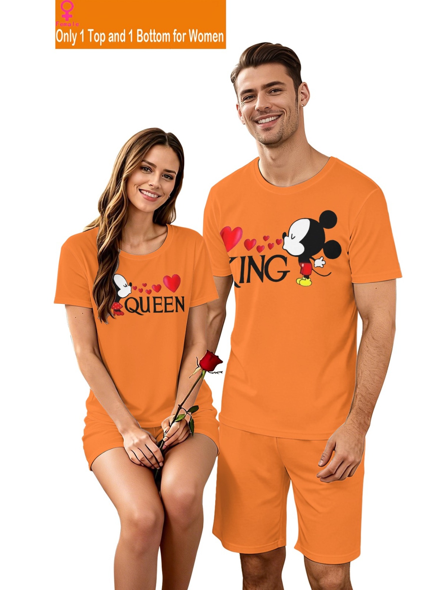 Romantic King & Queen Matching Couple Outfits - Cute Cartoon Graphic T-Shirt & Shorts 2-Piece Summer Set
