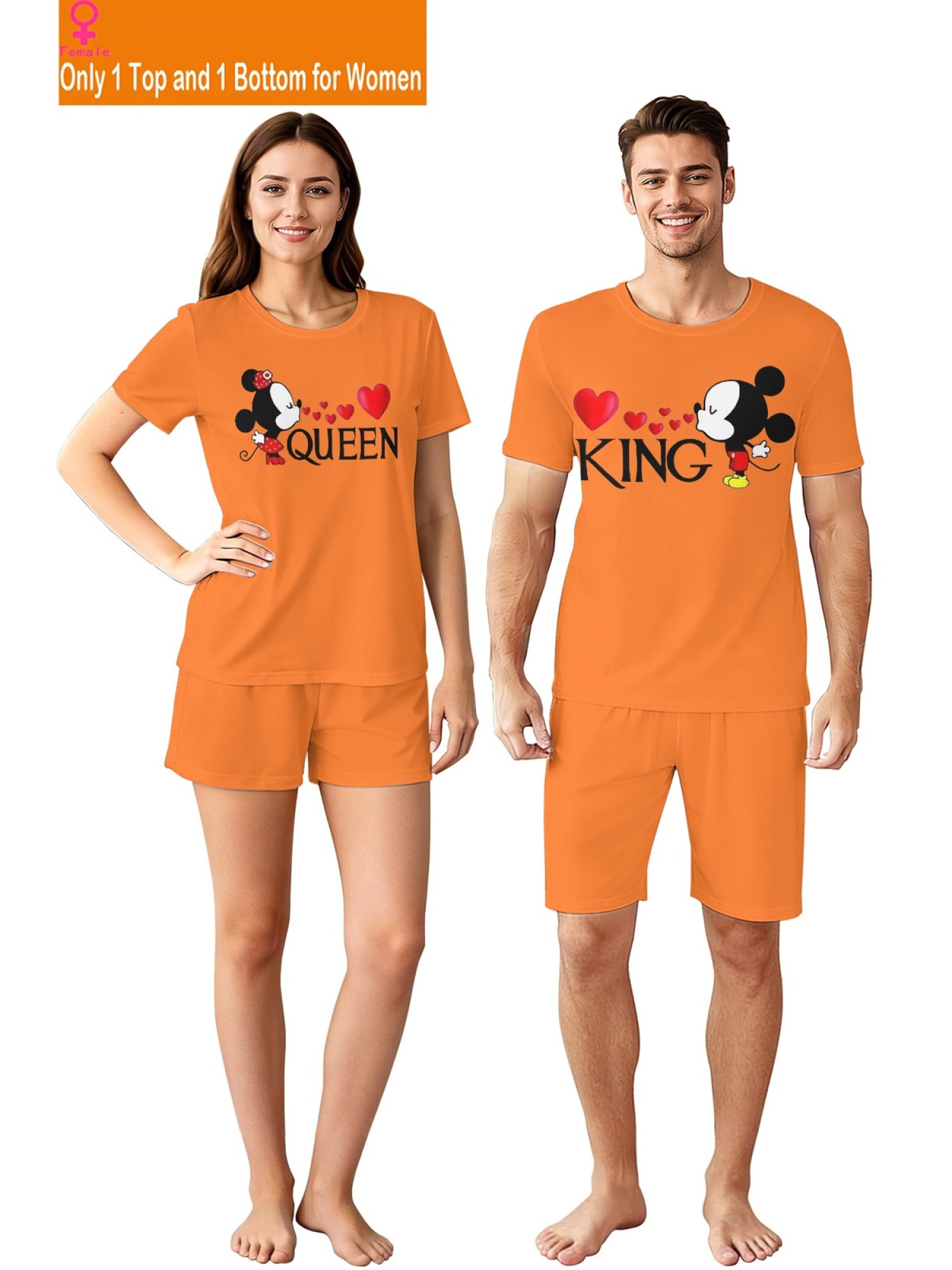 Romantic King & Queen Matching Couple Outfits - Cute Cartoon Graphic T-Shirt & Shorts 2-Piece Summer Set