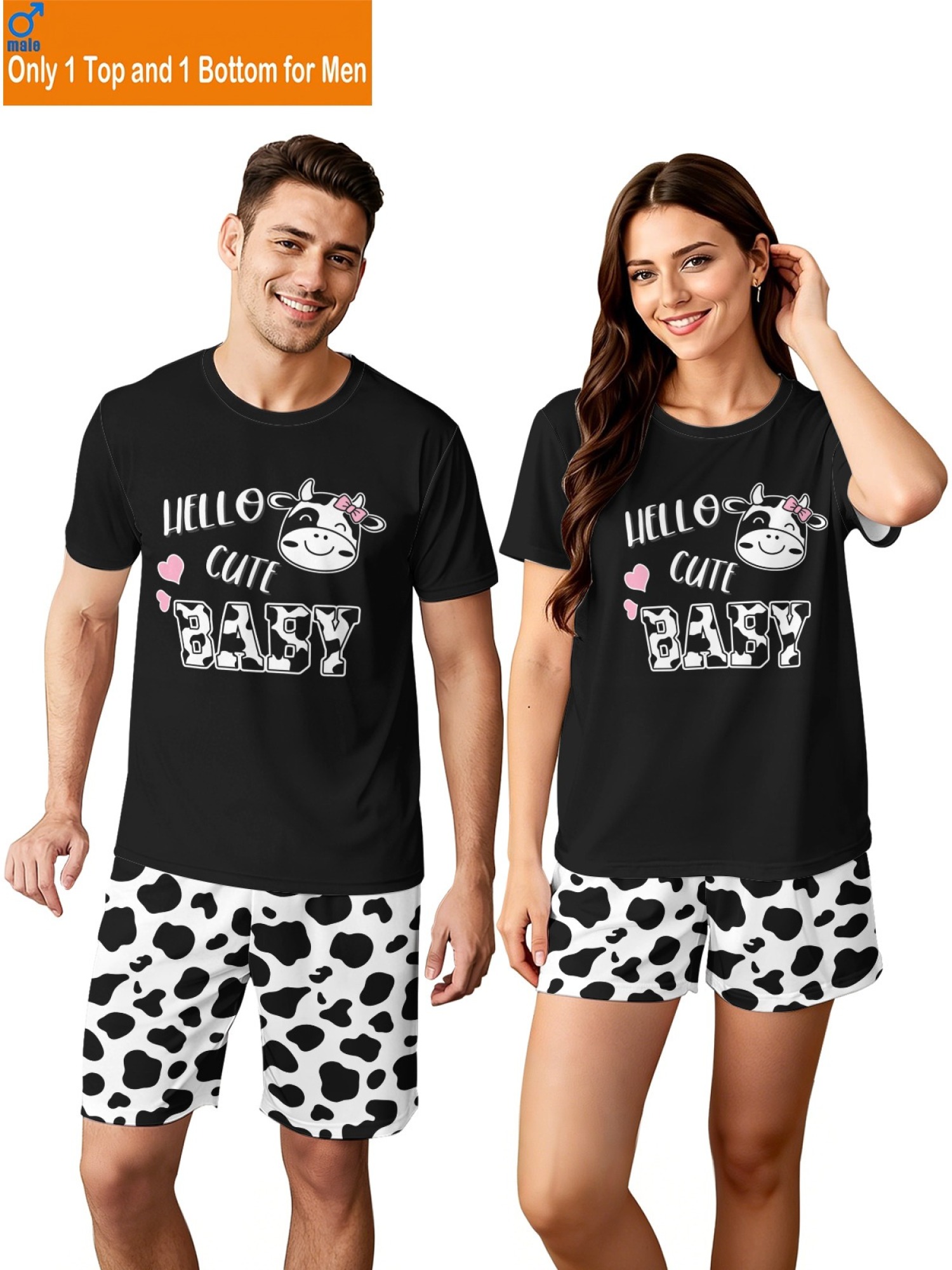 Matching "Hello Cute Baby" Cow Print Couple T-Shirt & Shorts Set