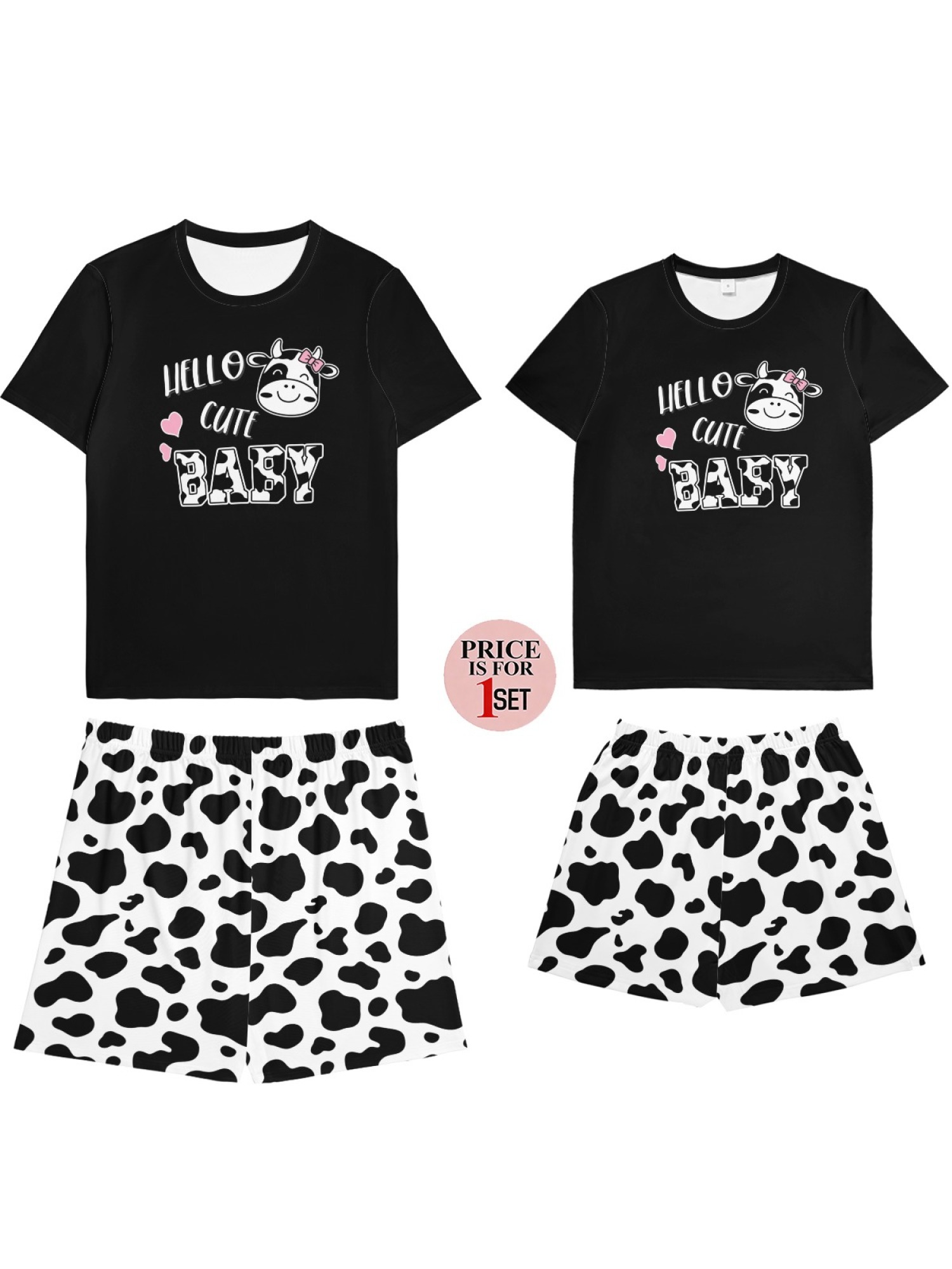 Matching "Hello Cute Baby" Cow Print Couple T-Shirt & Shorts Set