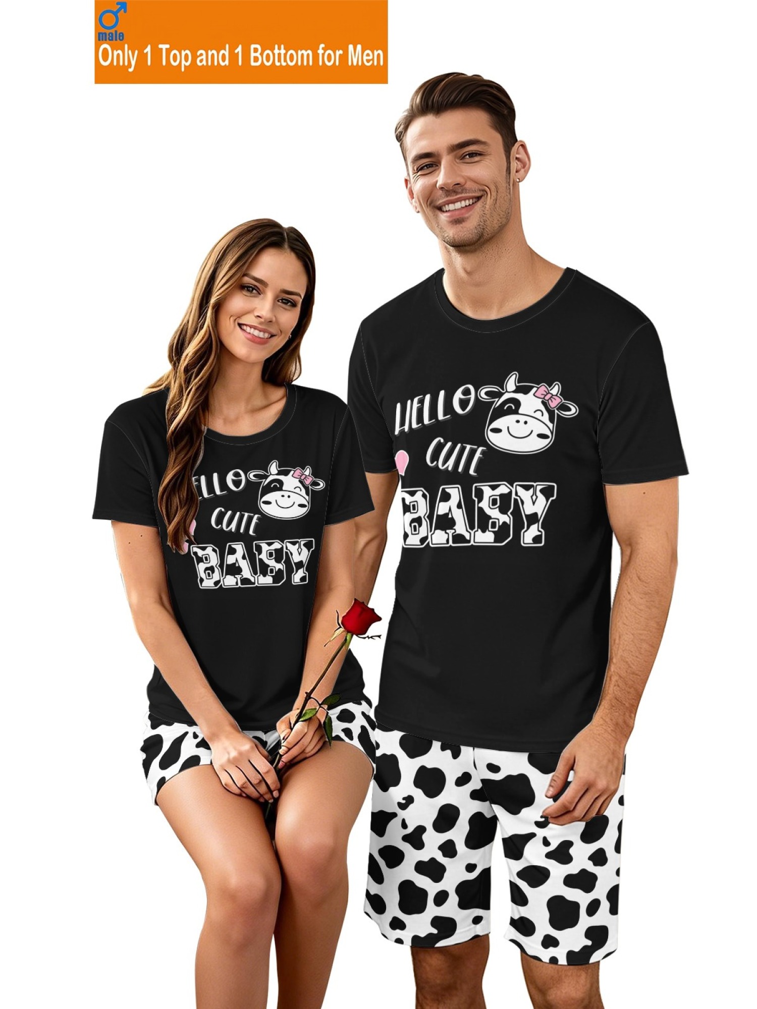 Matching "Hello Cute Baby" Cow Print Couple T-Shirt & Shorts Set