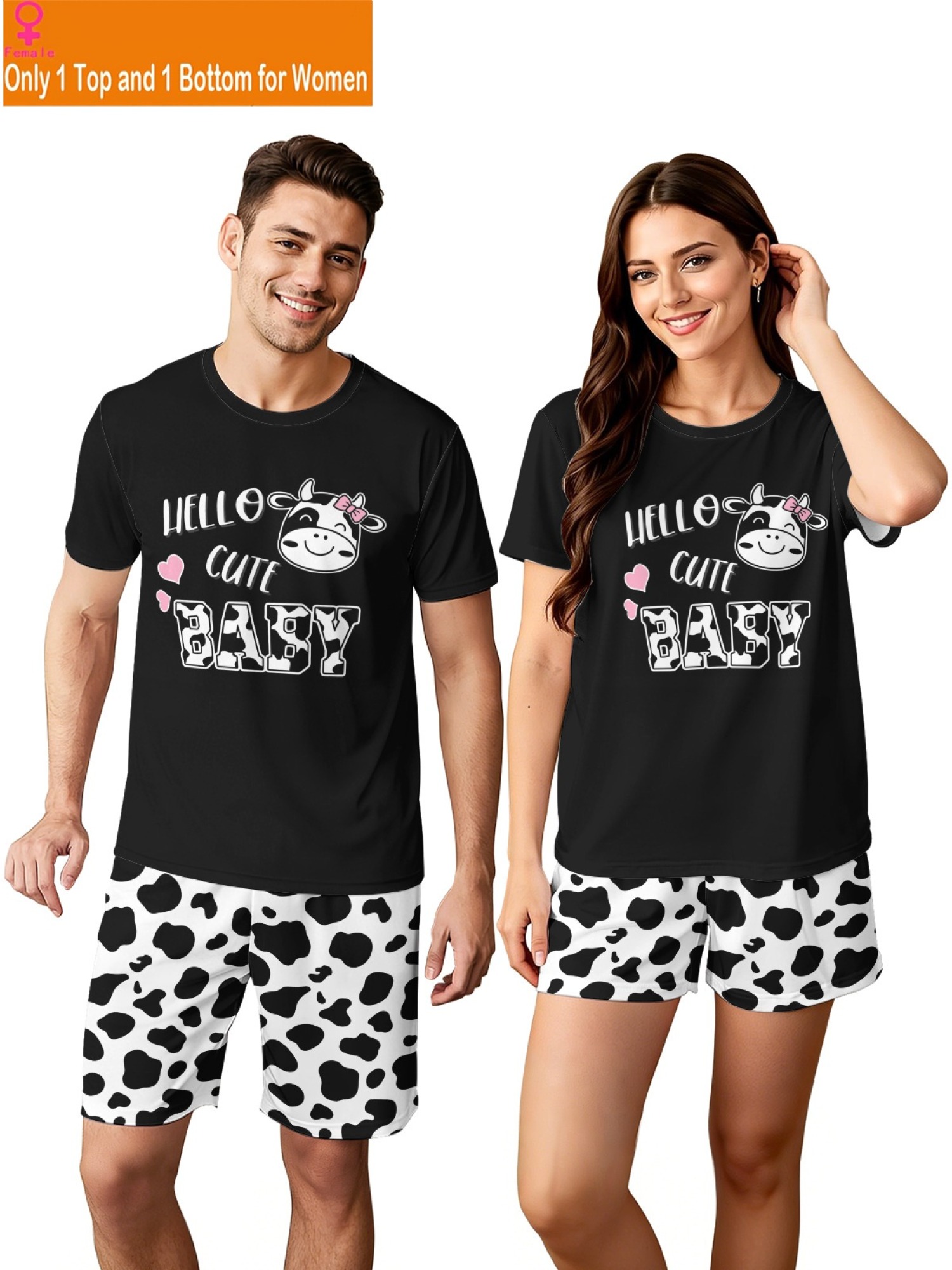 Matching "Hello Cute Baby" Cow Print Couple T-Shirt & Shorts Set