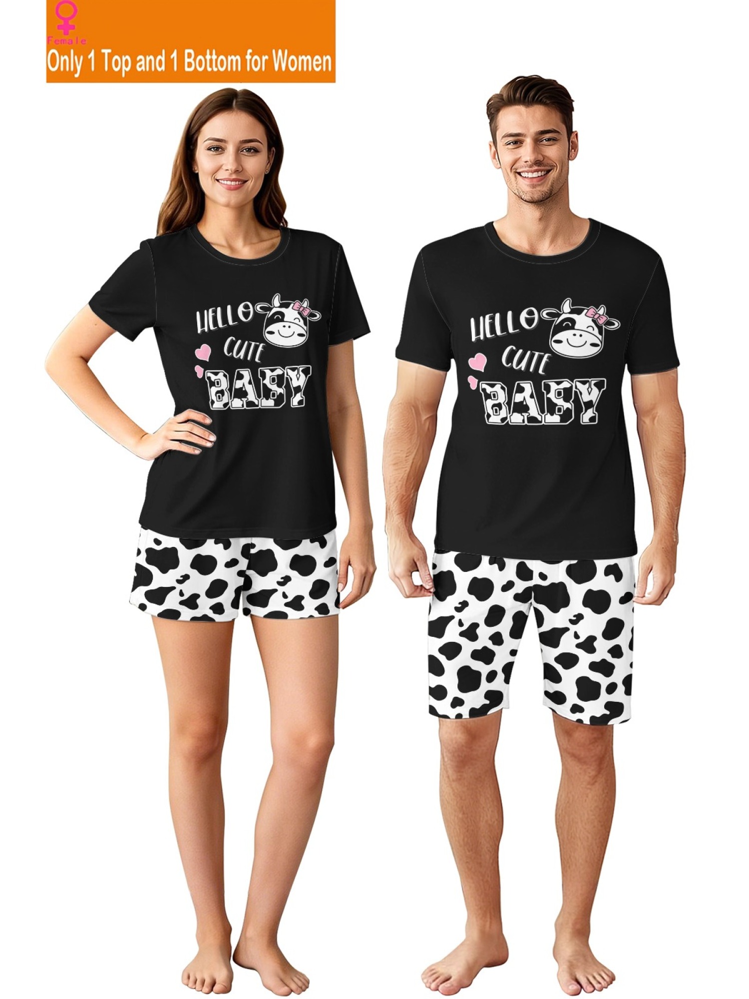 Matching "Hello Cute Baby" Cow Print Couple T-Shirt & Shorts Set