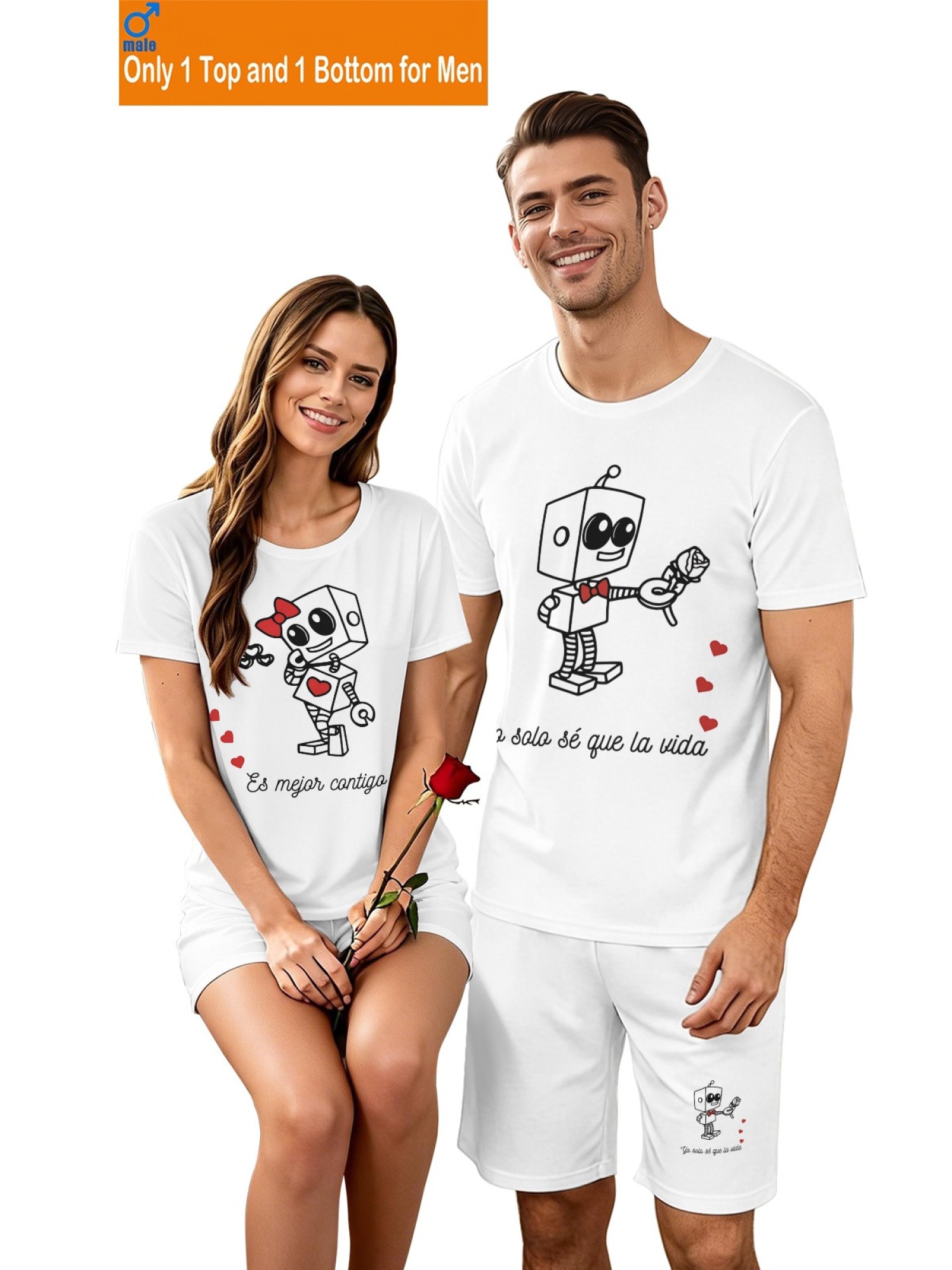 Cute Robot Couple Outfits - Matching Summer Tee & Shorts 2-Piece Set