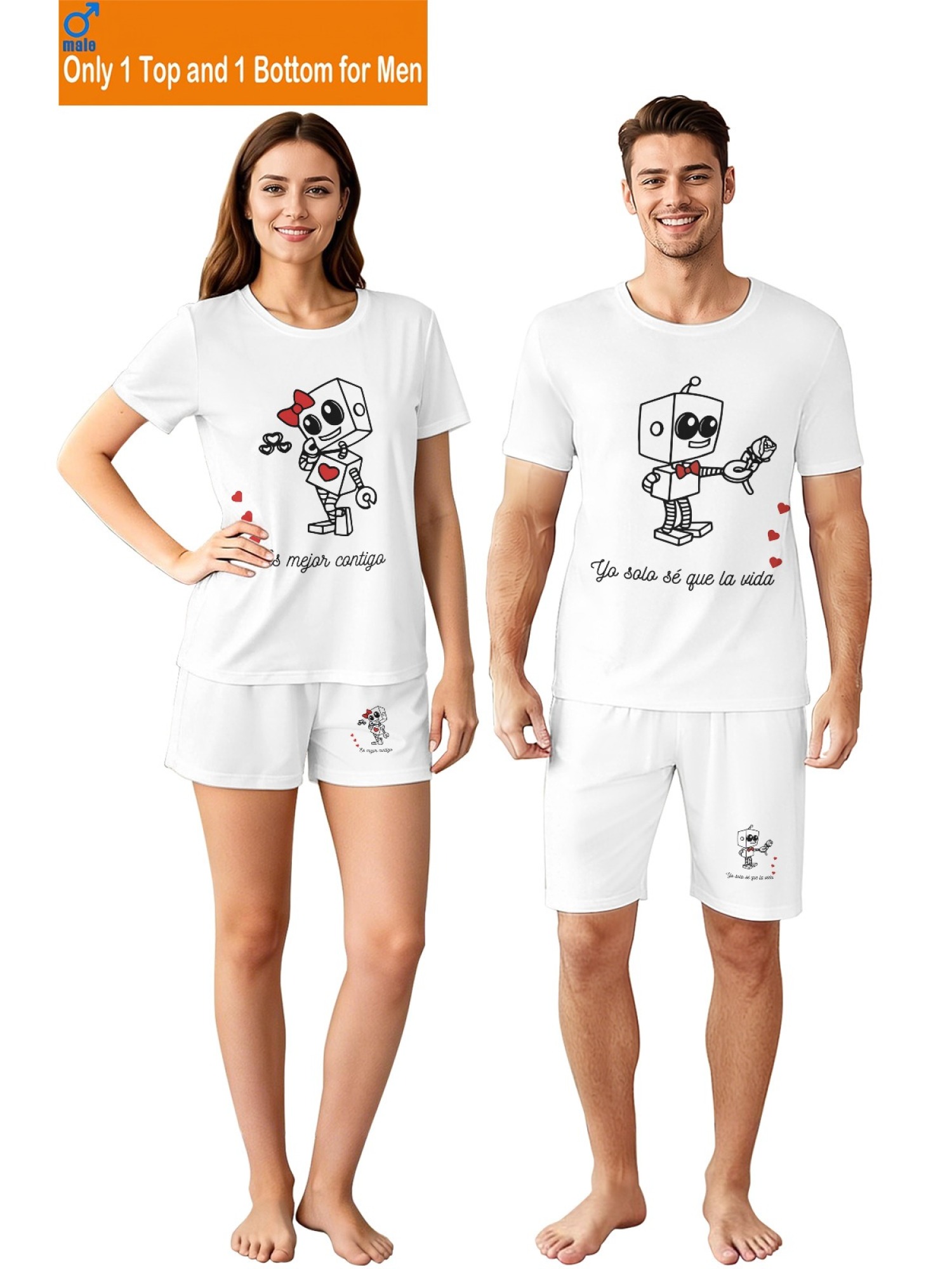 Cute Robot Couple Outfits - Matching Summer Tee & Shorts 2-Piece Set
