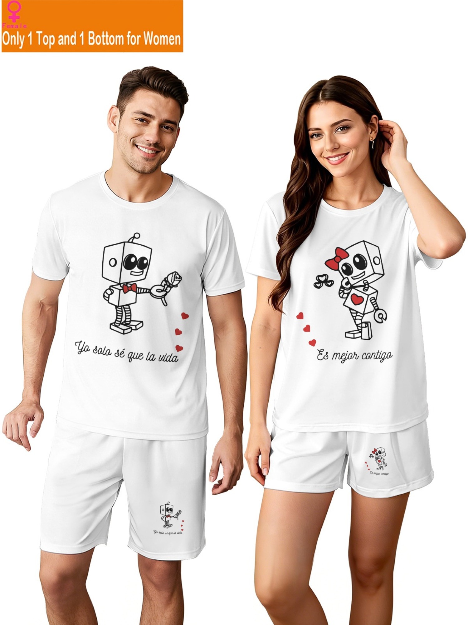 Cute Robot Couple Outfits - Matching Summer Tee & Shorts 2-Piece Set