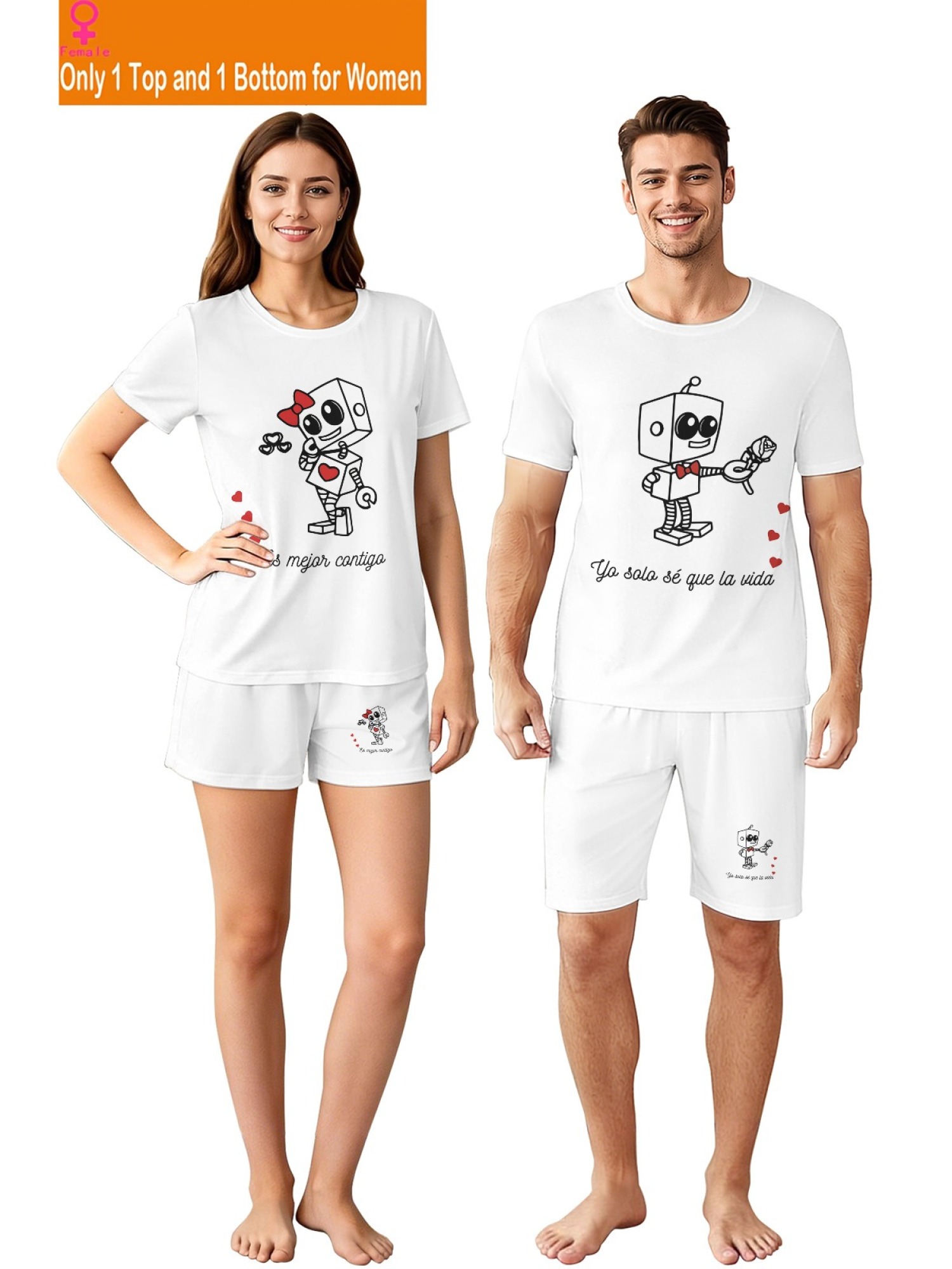Cute Robot Couple Outfits - Matching Summer Tee & Shorts 2-Piece Set