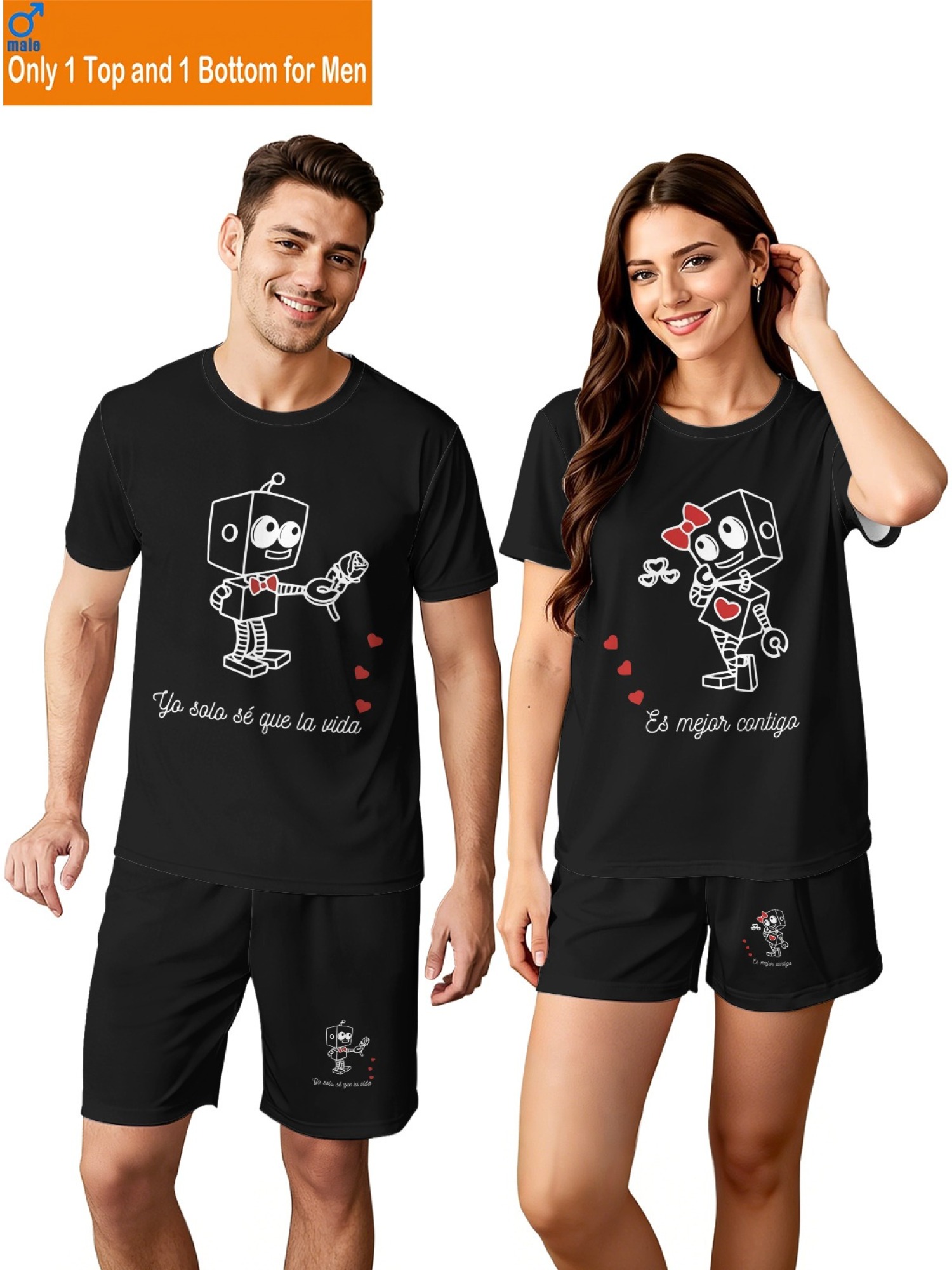 Cute Robot Couple Outfits - Matching Summer Tee & Shorts 2-Piece Set