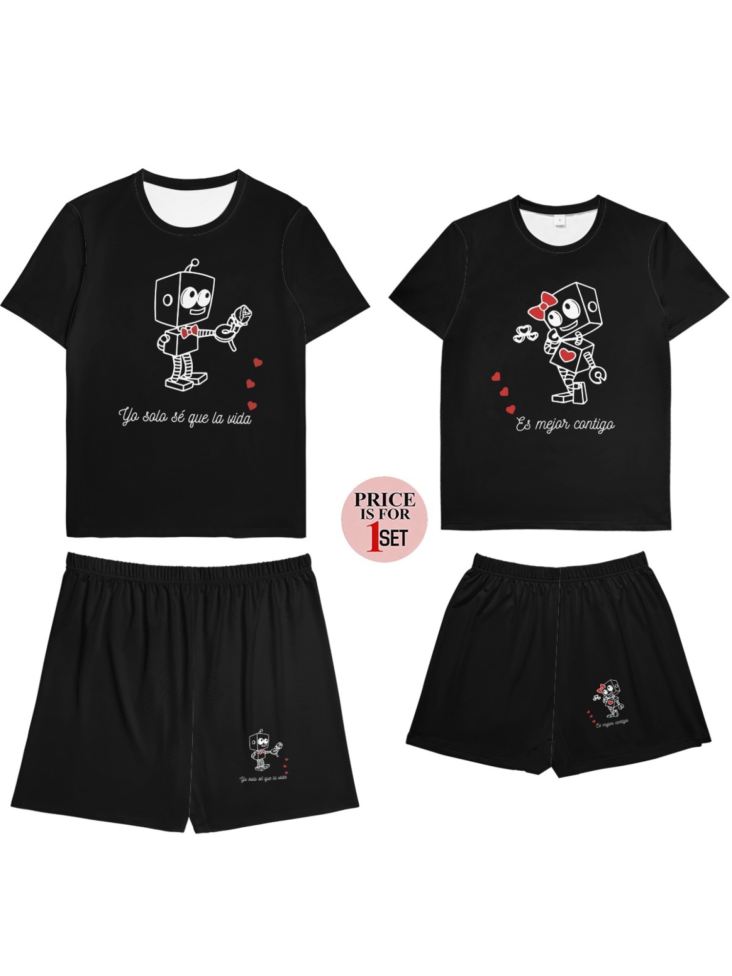 Cute Robot Couple Outfits - Matching Summer Tee & Shorts 2-Piece Set