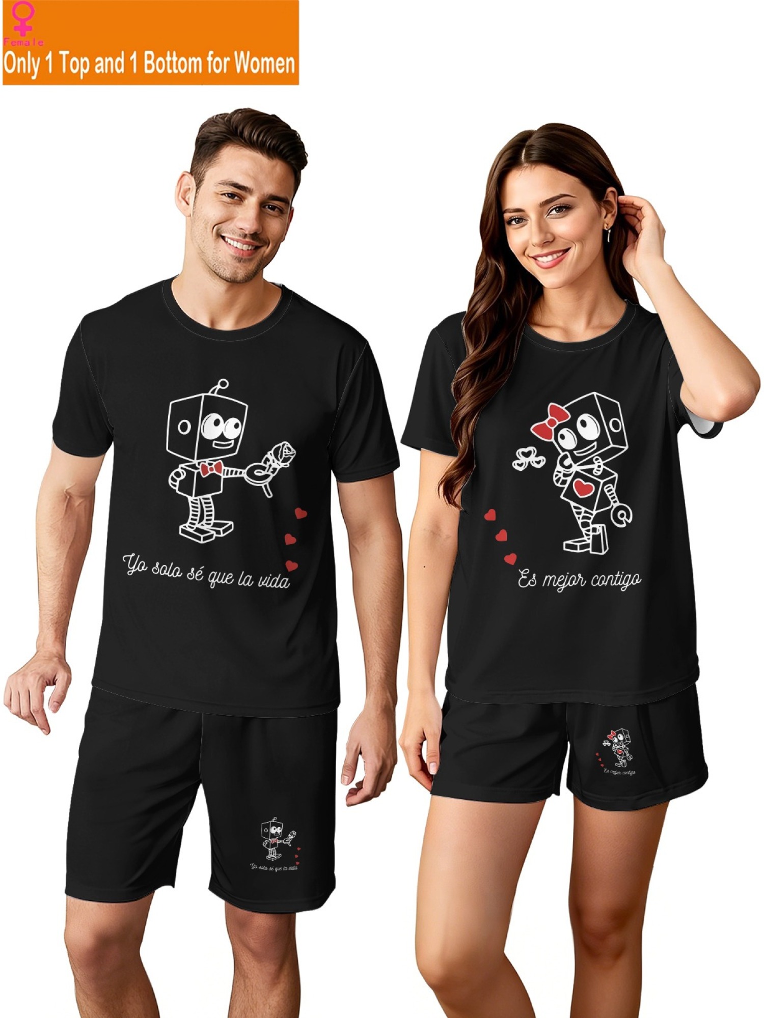 Cute Robot Couple Outfits - Matching Summer Tee & Shorts 2-Piece Set