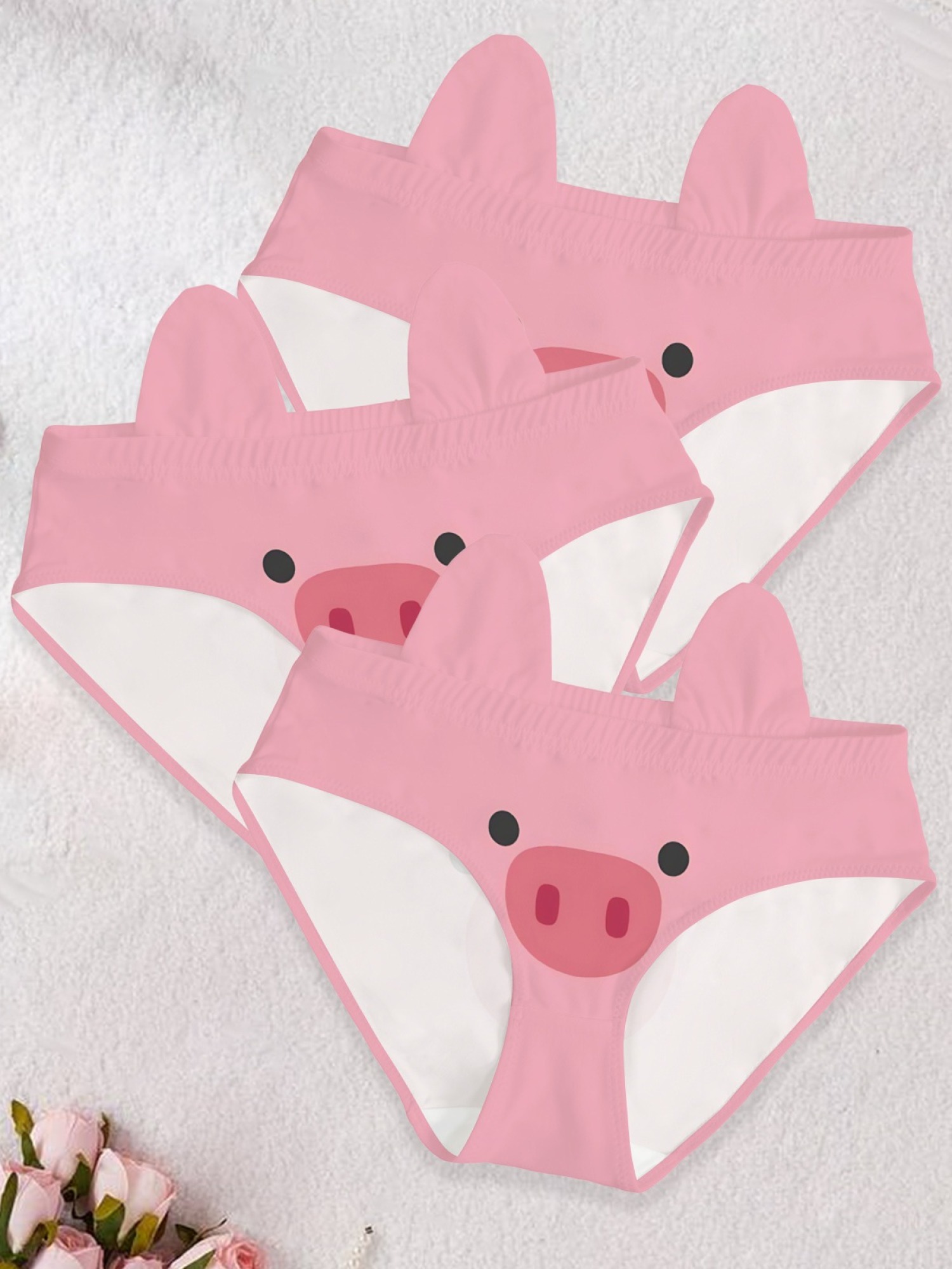 Cute 3D Pig Ear Pink Animal Print Women's Panties - Funny Kawaii Soft Cotton Underwear