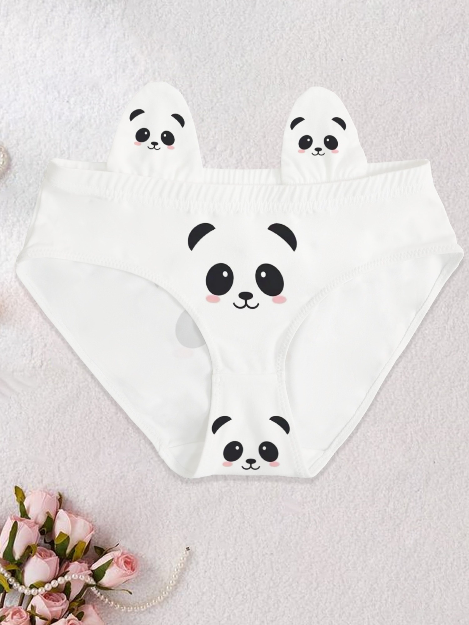 Cute Panda Face Print Women's Briefs with 3D Ears - Kawaii Animal Seamless Underwear