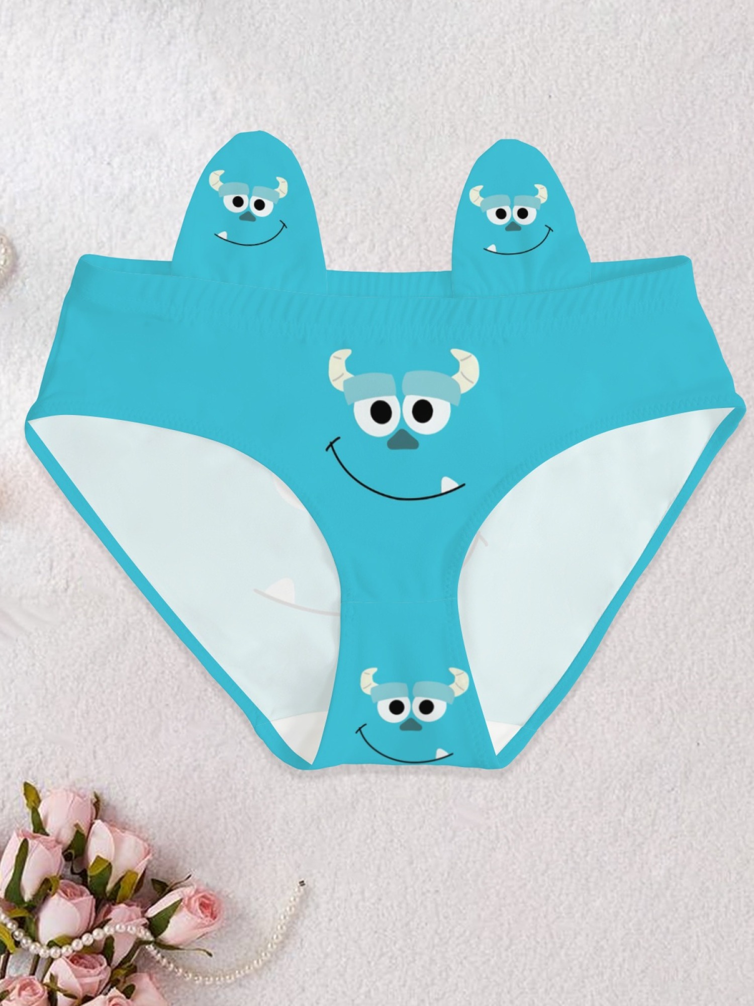 Sully Inspired Cute Cartoon Monster Print Panties - Kawaii Blue Breathable Cotton Briefs for Women