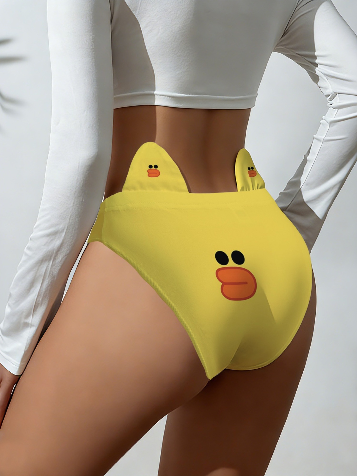 Cute Yellow Duck Print Women's Panties with 3D Ears - Kawaii Novelty Cotton Briefs