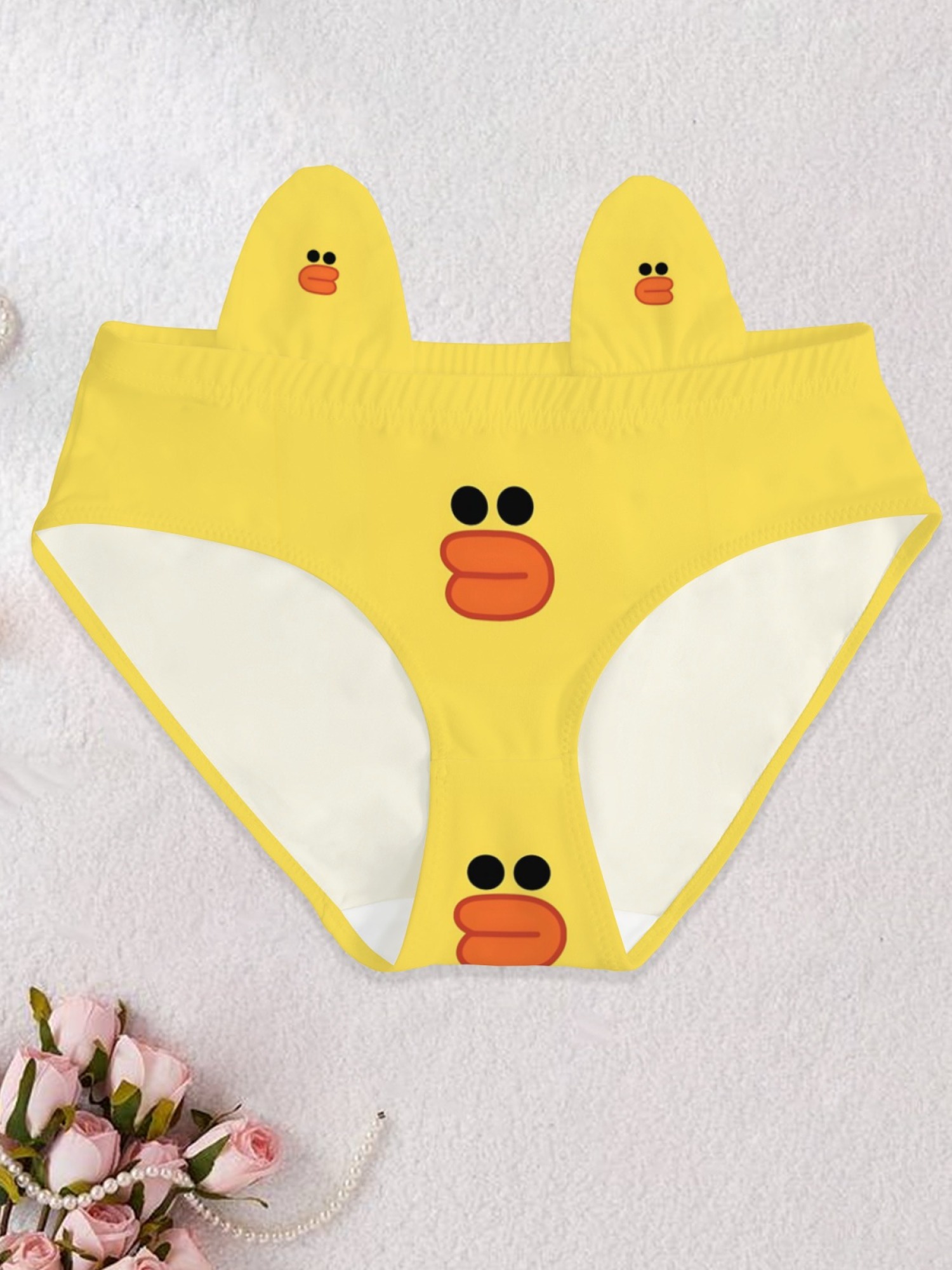 Cute Yellow Duck Print Women's Panties with 3D Ears - Kawaii Novelty Cotton Briefs