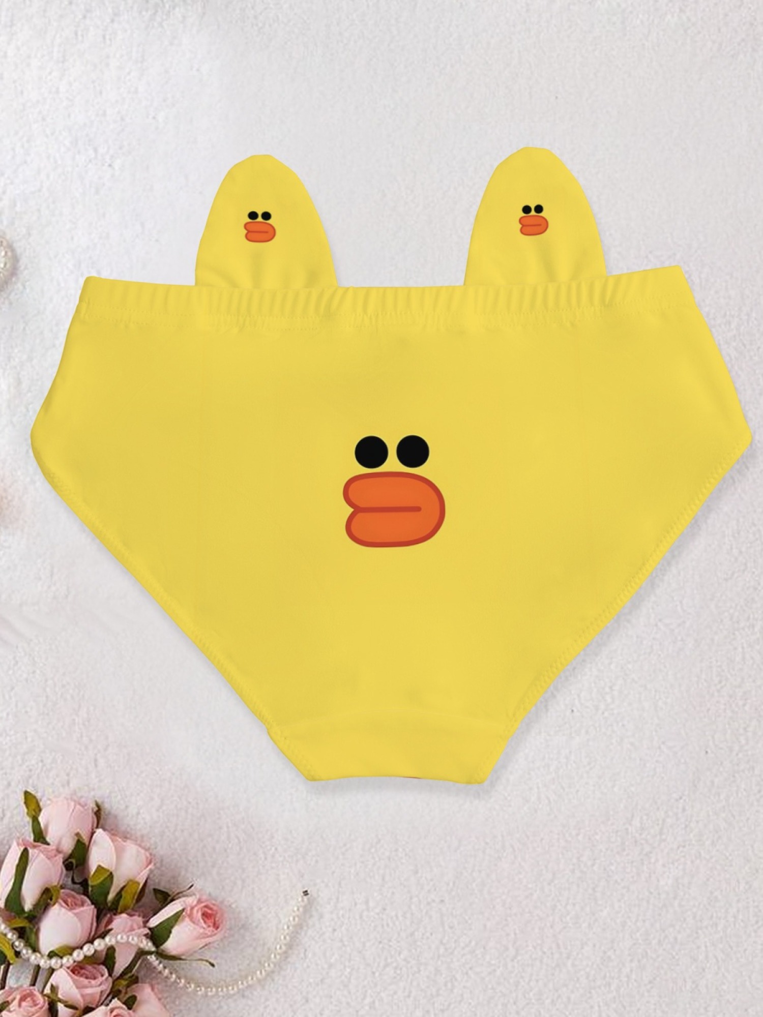 Cute Yellow Duck Print Women's Panties with 3D Ears - Kawaii Novelty Cotton Briefs