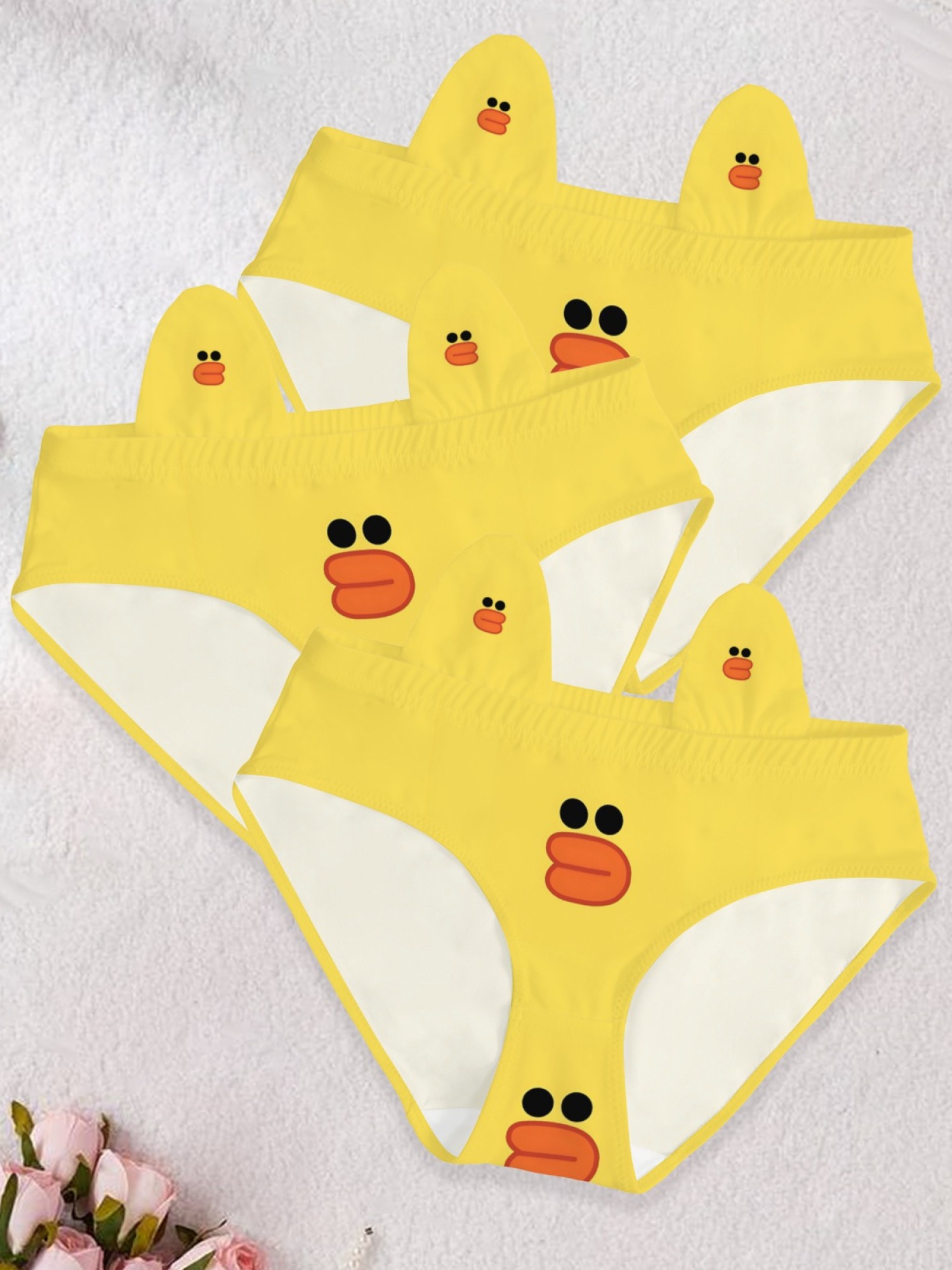 Cute Yellow Duck Print Women's Panties with 3D Ears - Kawaii Novelty Cotton Briefs