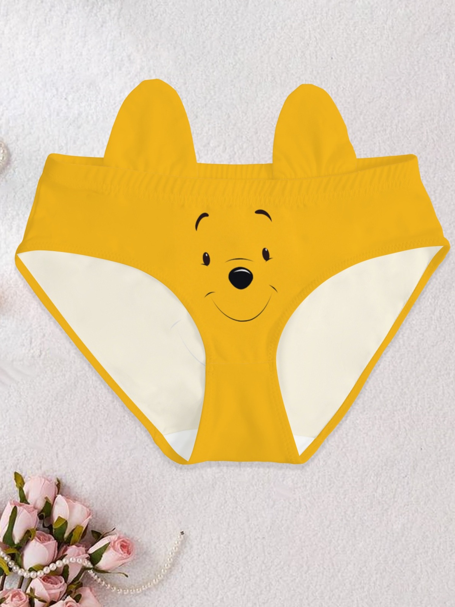 Cute Cartoon Bear Face Print Yellow Panties for Women