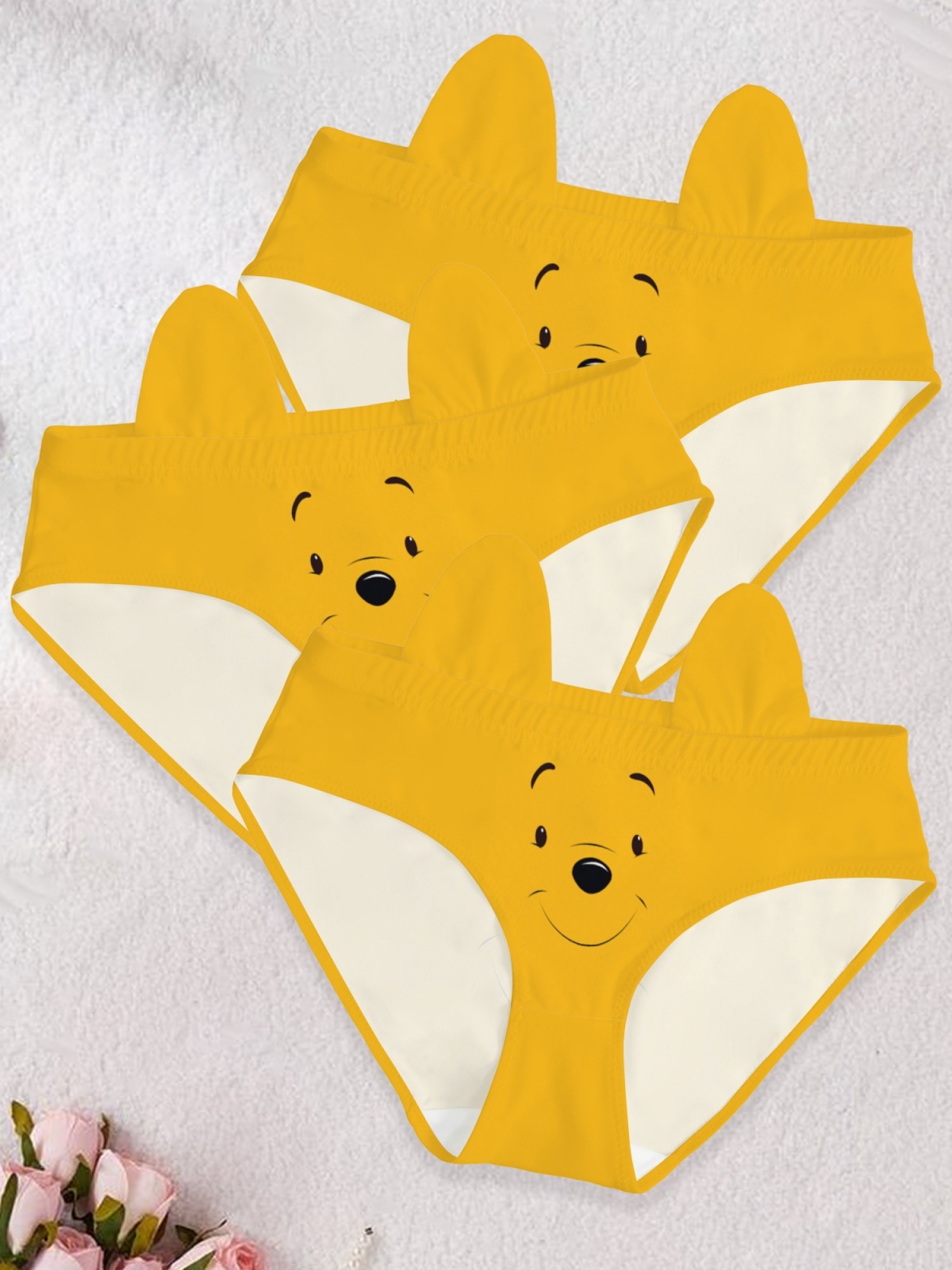 Cute Cartoon Bear Face Print Yellow Panties for Women