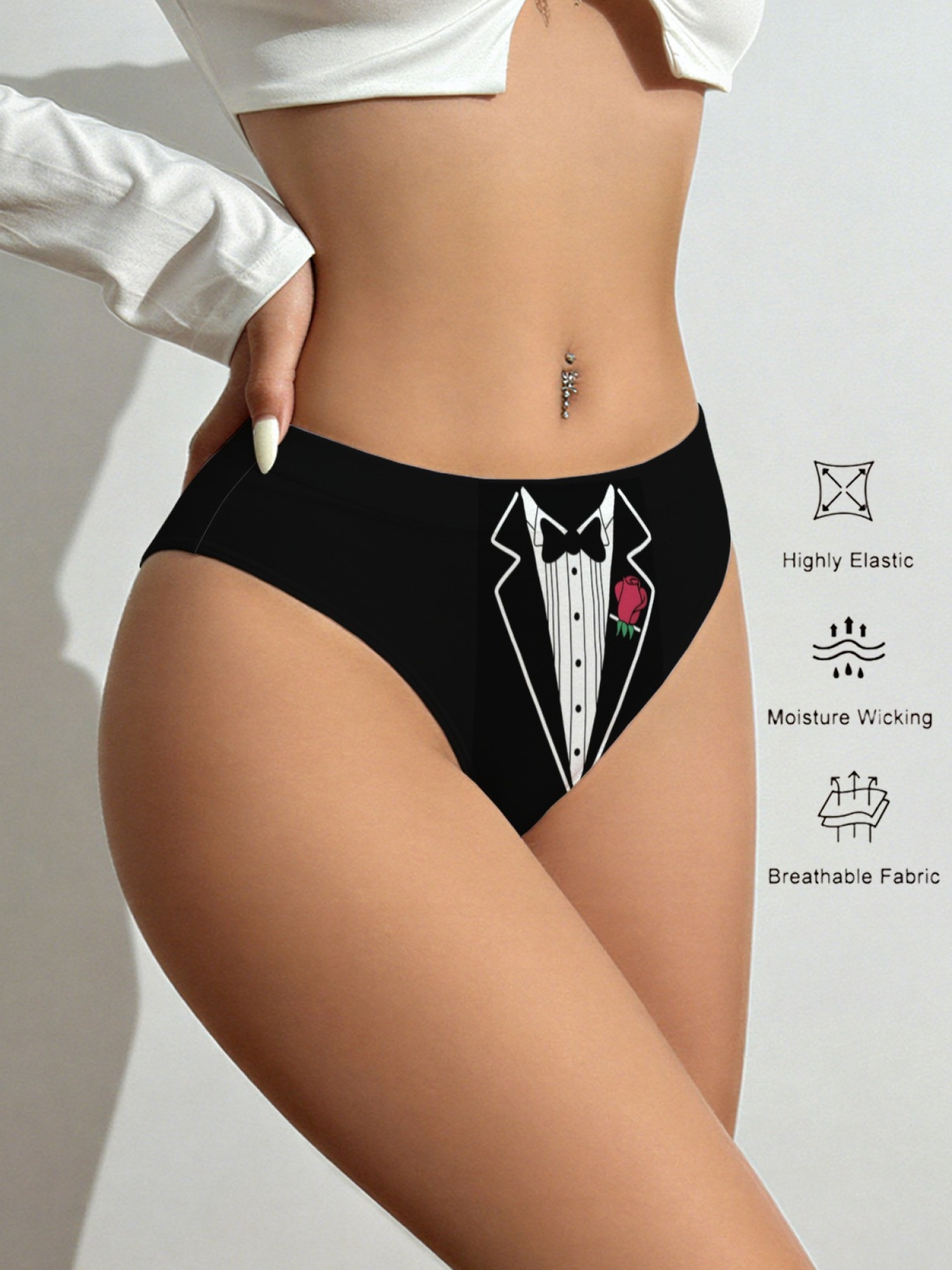 Women's Funny Tuxedo Print Novelty Panties with Cute 3D Ears - Creative Seamless Lingerie