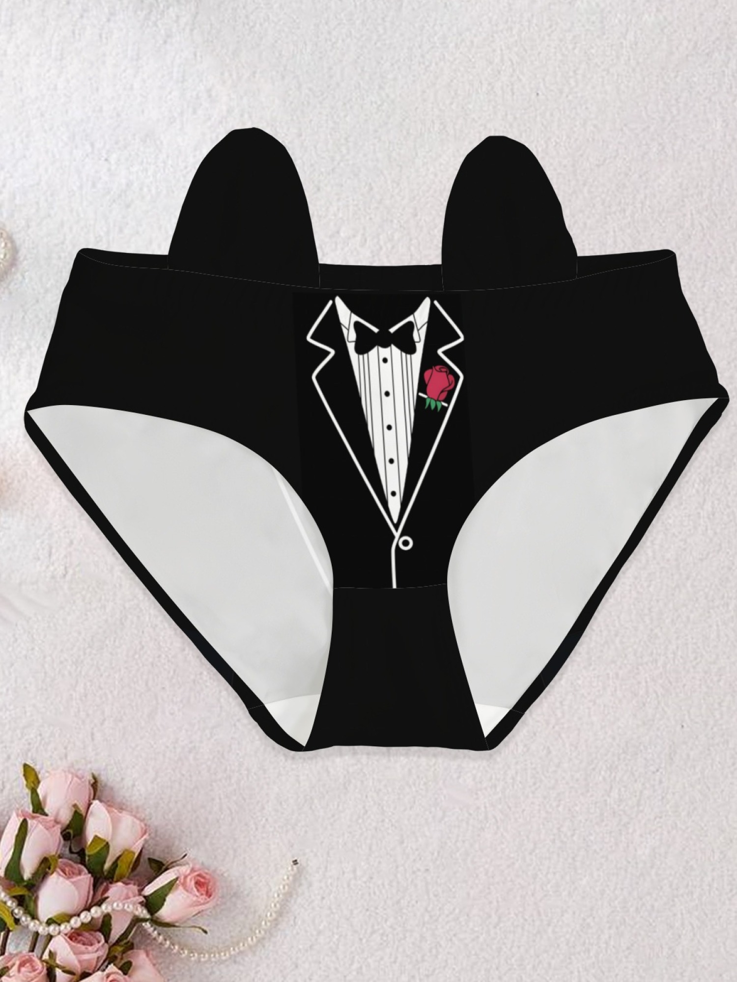 Women's Funny Tuxedo Print Novelty Panties with Cute 3D Ears - Creative Seamless Lingerie