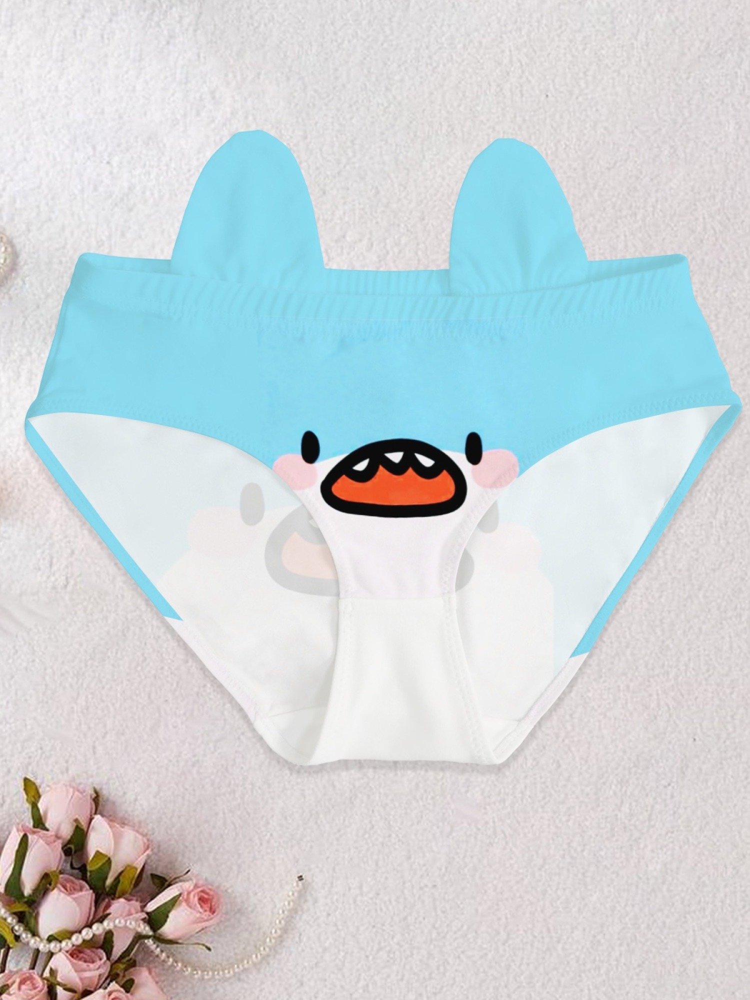 Kawaii Shark Print Panties with 3D Fins - Cute Cartoon Blue Briefs for Women