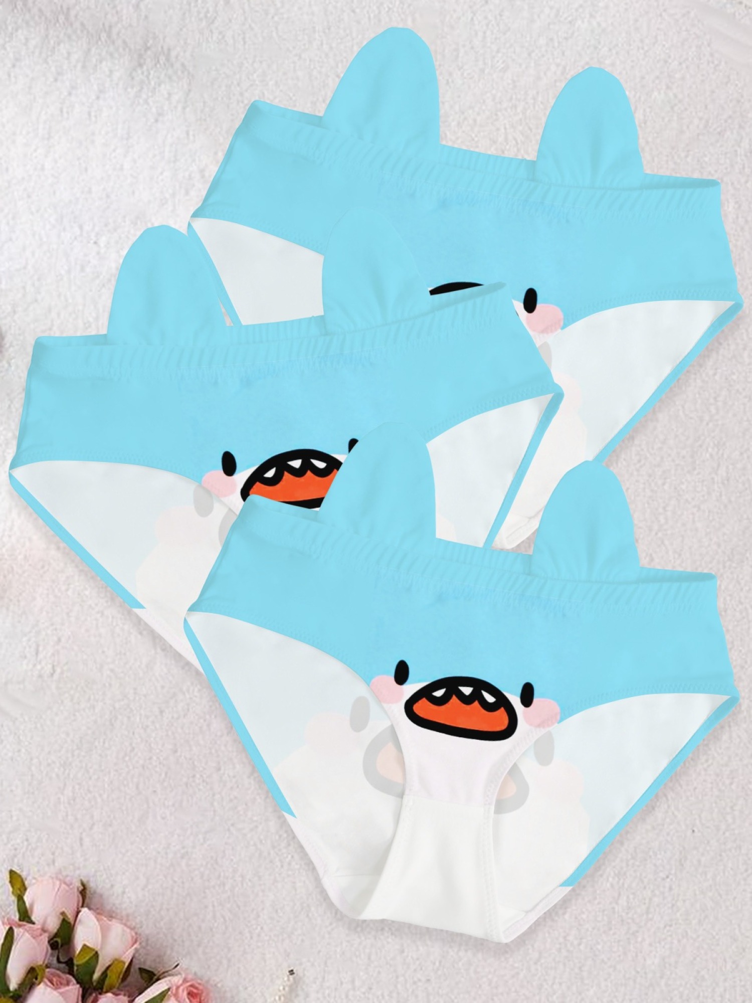 Kawaii Shark Print Panties with 3D Fins - Cute Cartoon Blue Briefs for Women