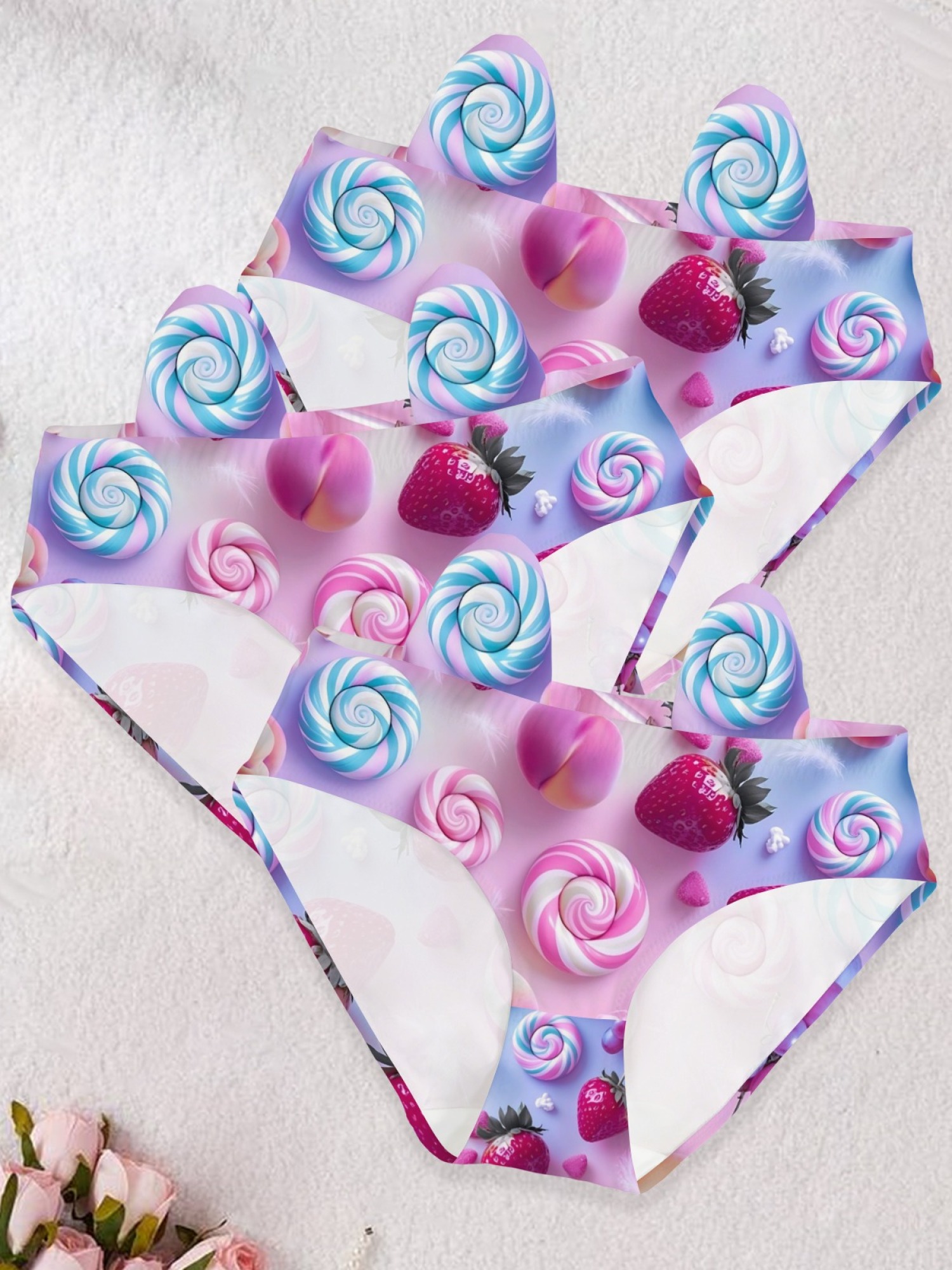 Sweet Candy & Fruit Print Seamless Underwear for Women - Kawaii Lollipop & Strawberry Briefs