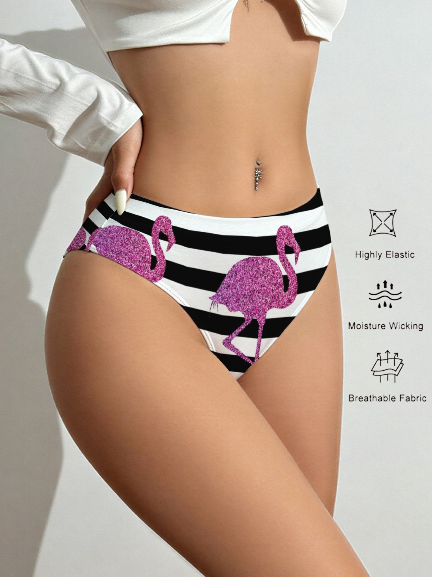 Women's Glitter Flamingo Striped Panties - Fun Pink Bird Print Bikini Underwear