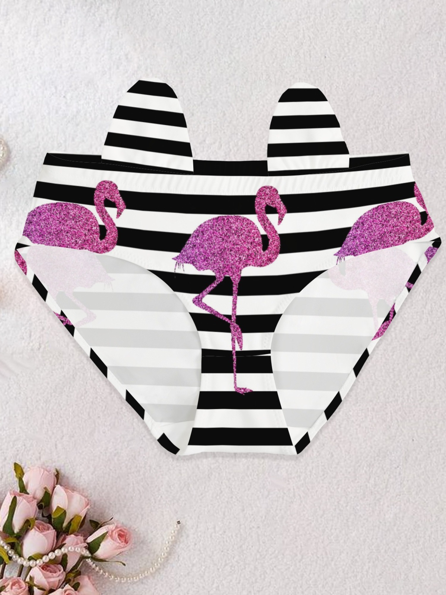 Women's Glitter Flamingo Striped Panties - Fun Pink Bird Print Bikini Underwear