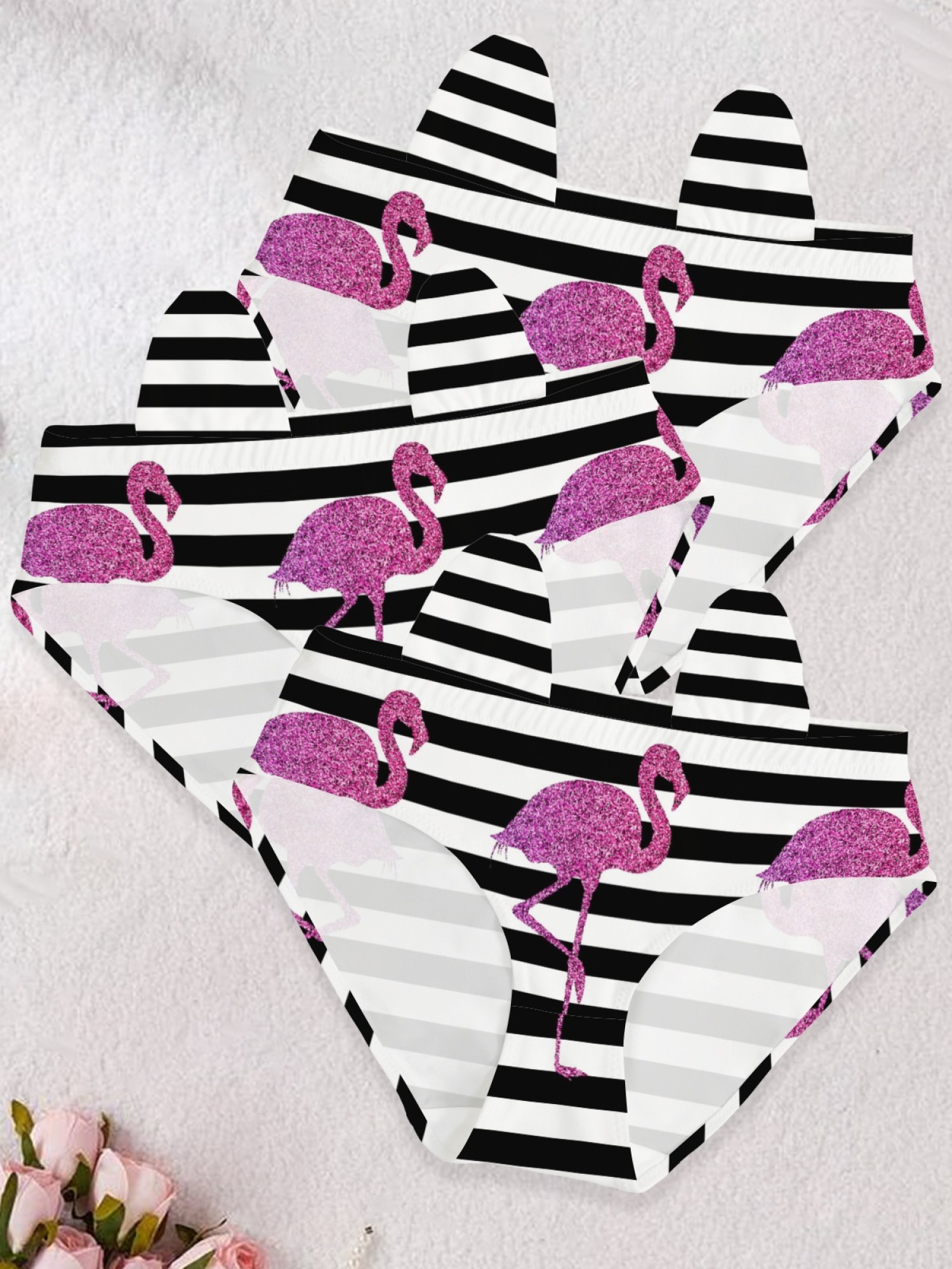 Women's Glitter Flamingo Striped Panties - Fun Pink Bird Print Bikini Underwear