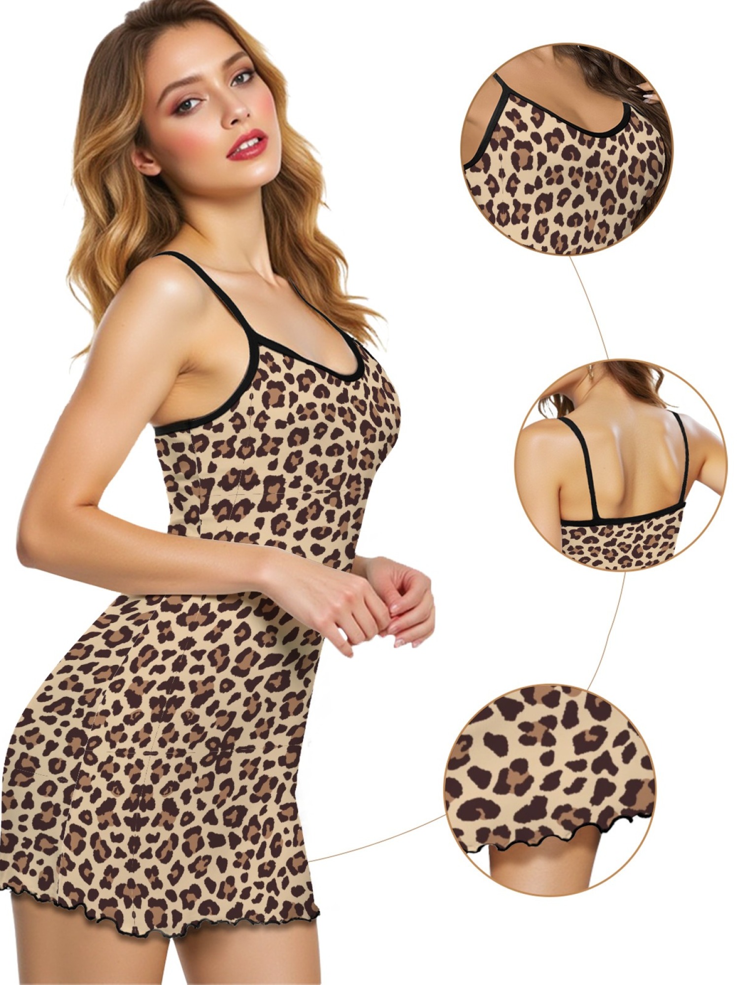 Leopard Print Slim Fit Sleepwear, Sexy Round Neck Spaghetti Strap Nightgown, Summer Thin Comfortable Breathable Women's Pajamas Dress