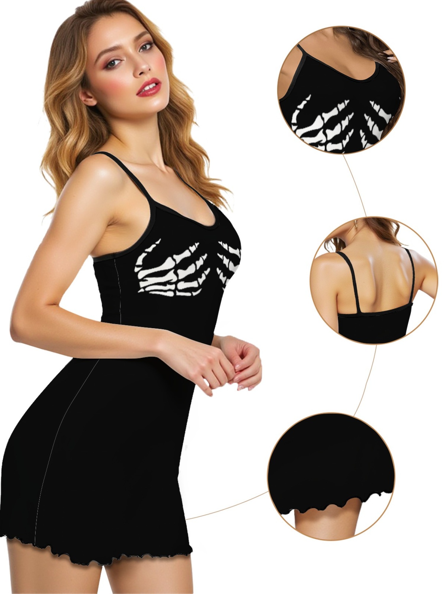 Women's Sleeveless Sexy Nightgown with Skull Hand Print, Soft Elastic Fabric Lounge Dress, Casual All Seasons Sleepwear S-2xl