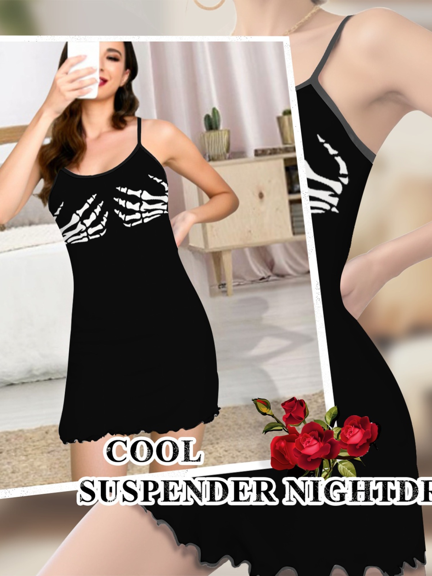 Women's Sleeveless Sexy Nightgown with Skull Hand Print, Soft Elastic Fabric Lounge Dress, Casual All Seasons Sleepwear S-2xl