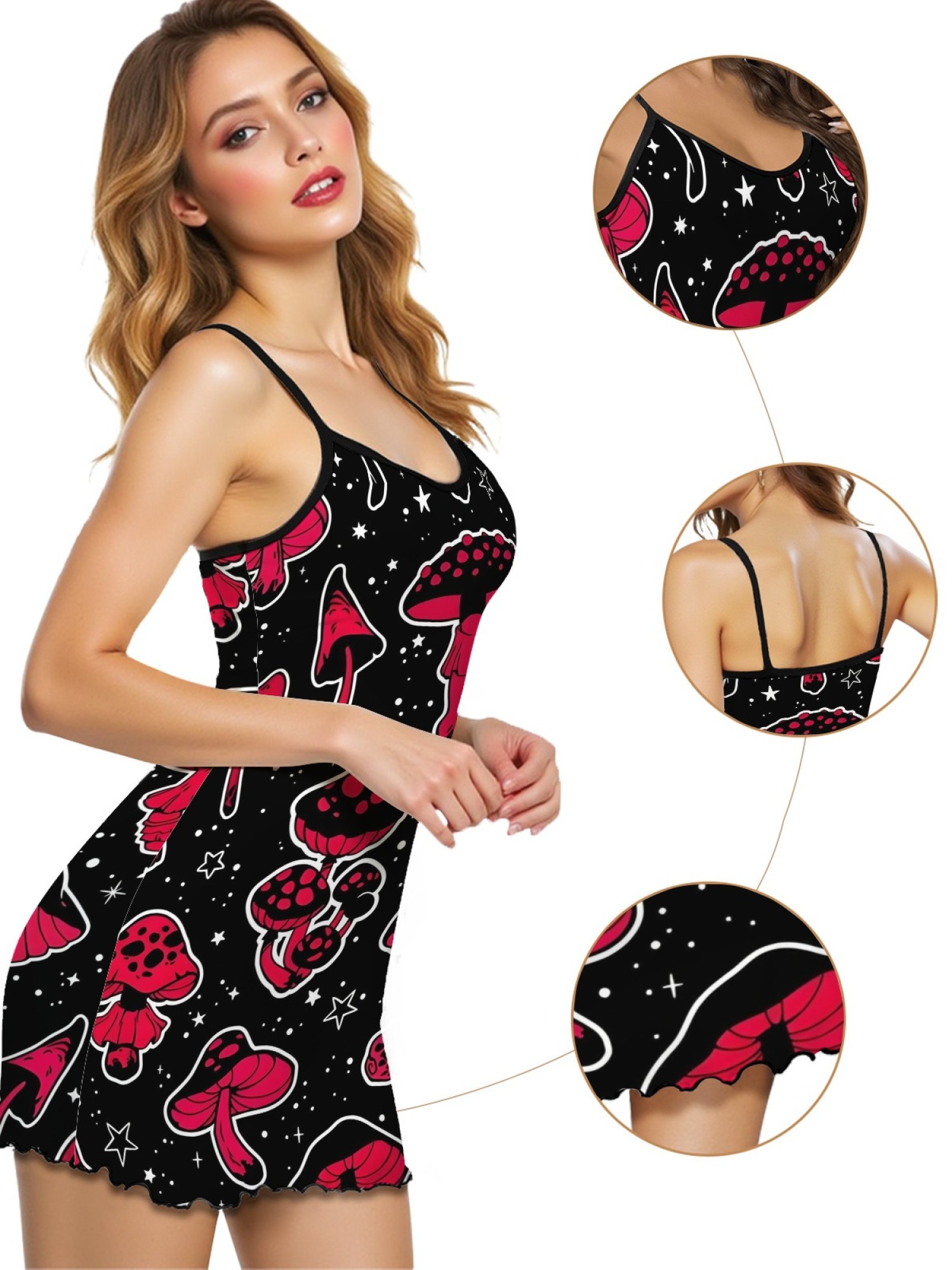 Women's Dreamy Mushroom Print Bodycon Nightdress, Sexy Round Neck Spaghetti Strap Homewear, Sweet Loose Casual Summer Sleepwear
