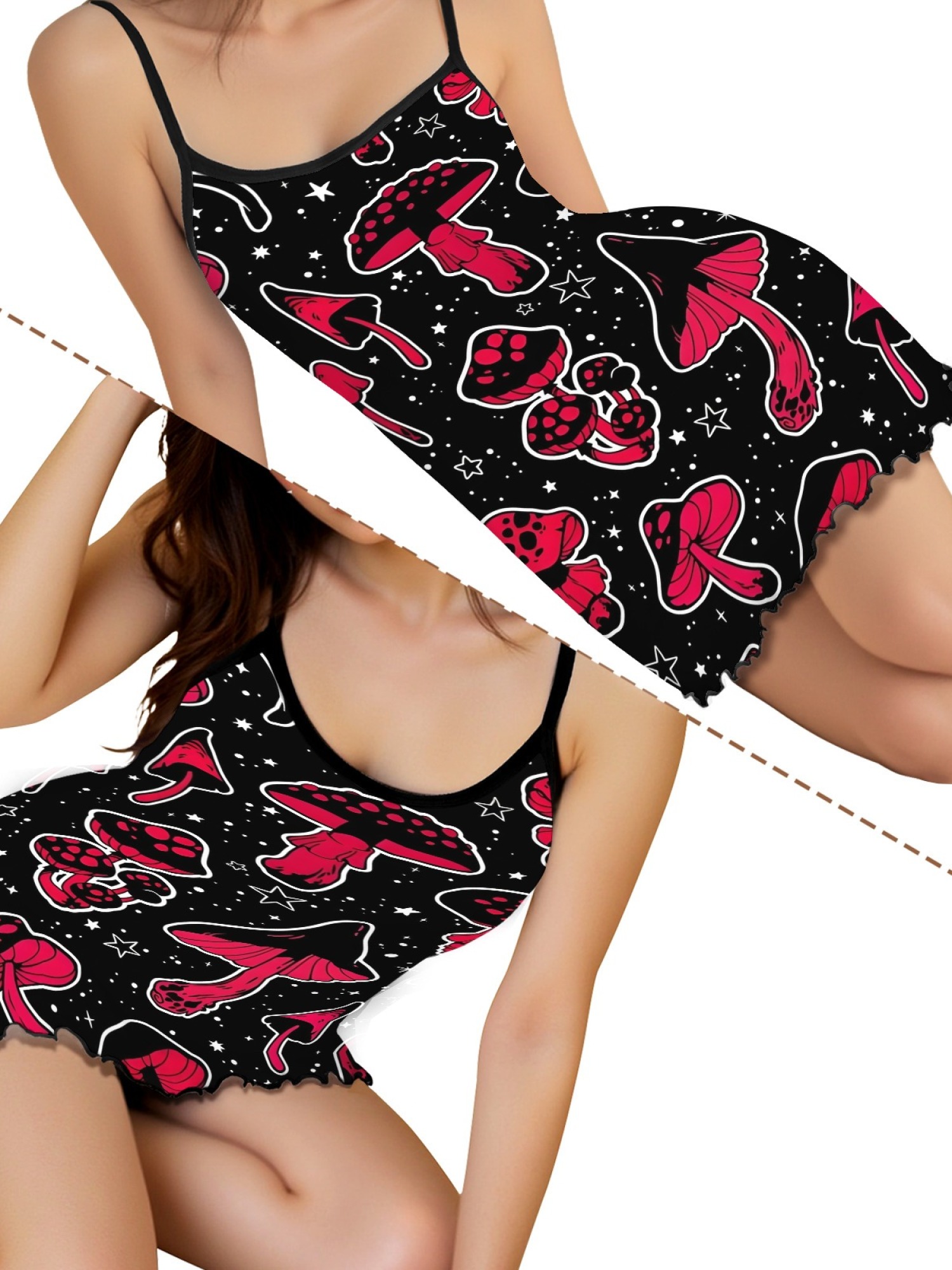 Women's Dreamy Mushroom Print Bodycon Nightdress, Sexy Round Neck Spaghetti Strap Homewear, Sweet Loose Casual Summer Sleepwear