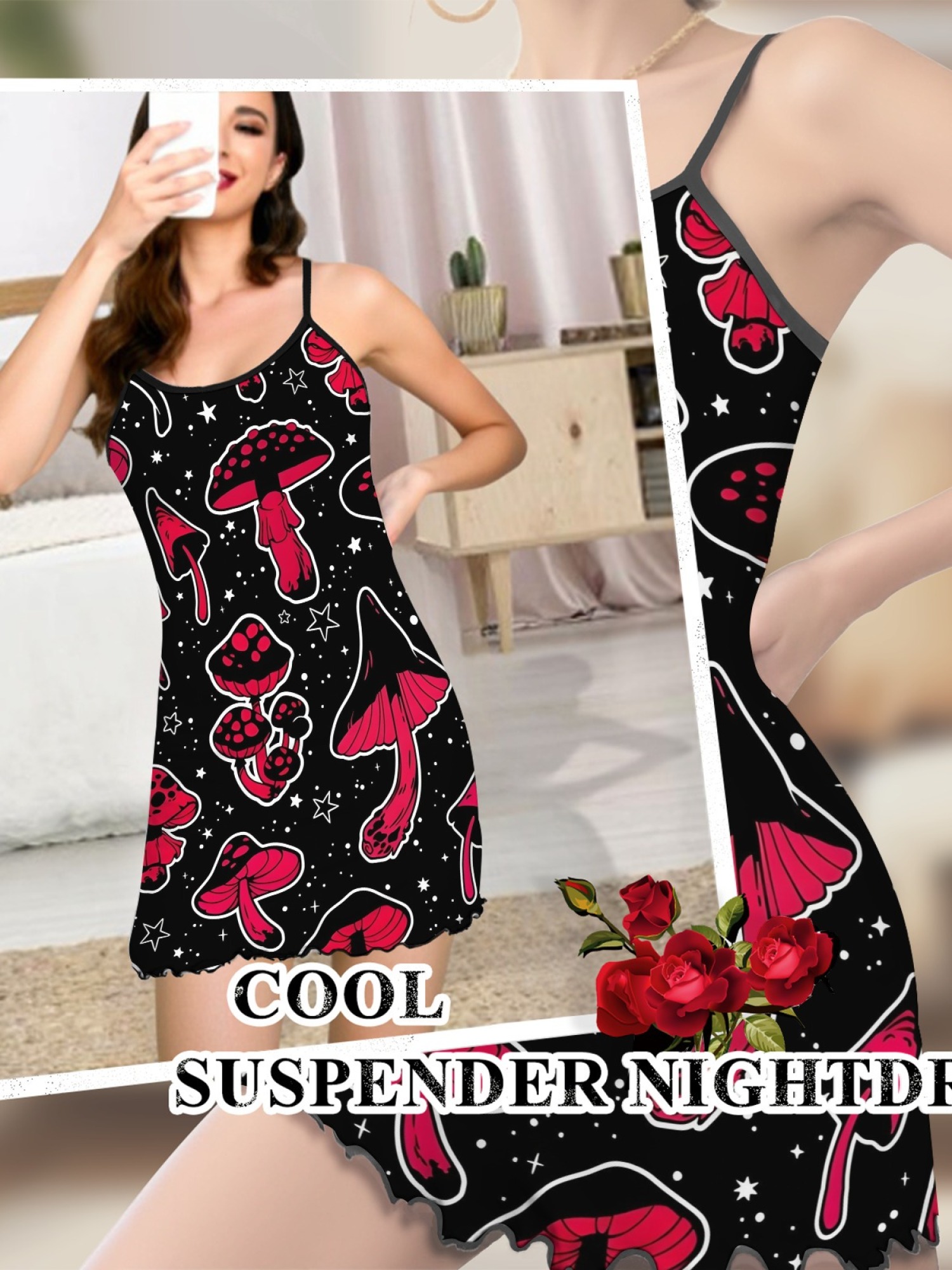 Women's Dreamy Mushroom Print Bodycon Nightdress, Sexy Round Neck Spaghetti Strap Homewear, Sweet Loose Casual Summer Sleepwear