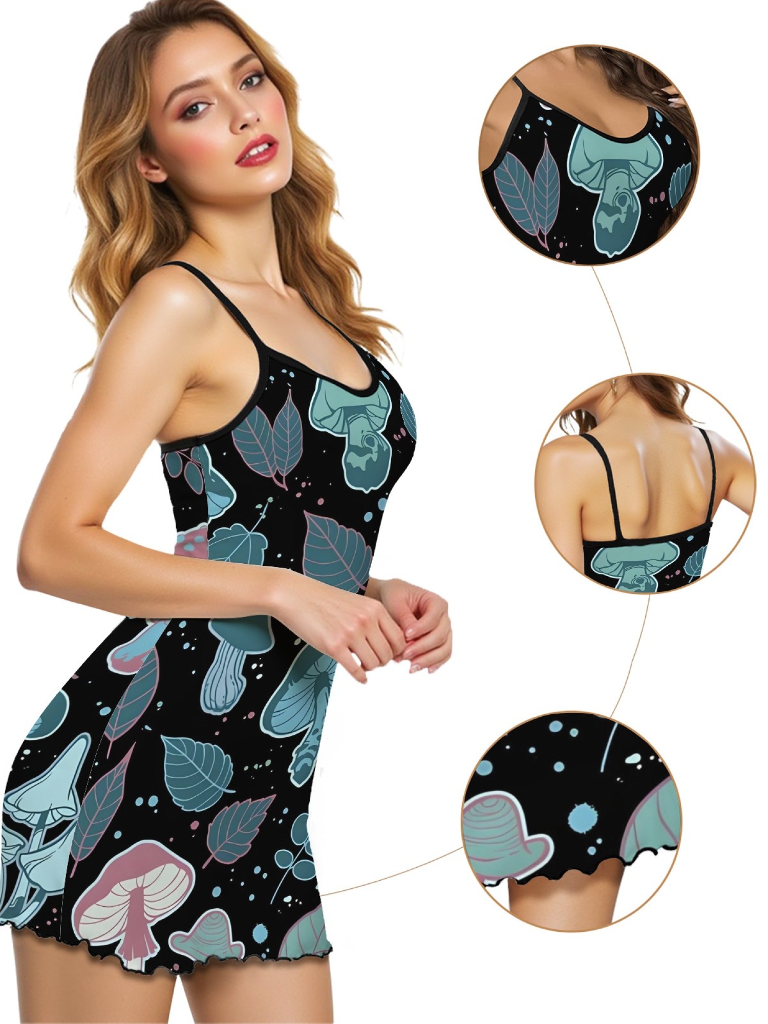 Women's Dreamy Mushroom Print Bodycon Nightdress, Sexy Round Neck Spaghetti Strap Homewear, Sweet Loose Casual Summer Sleepwear