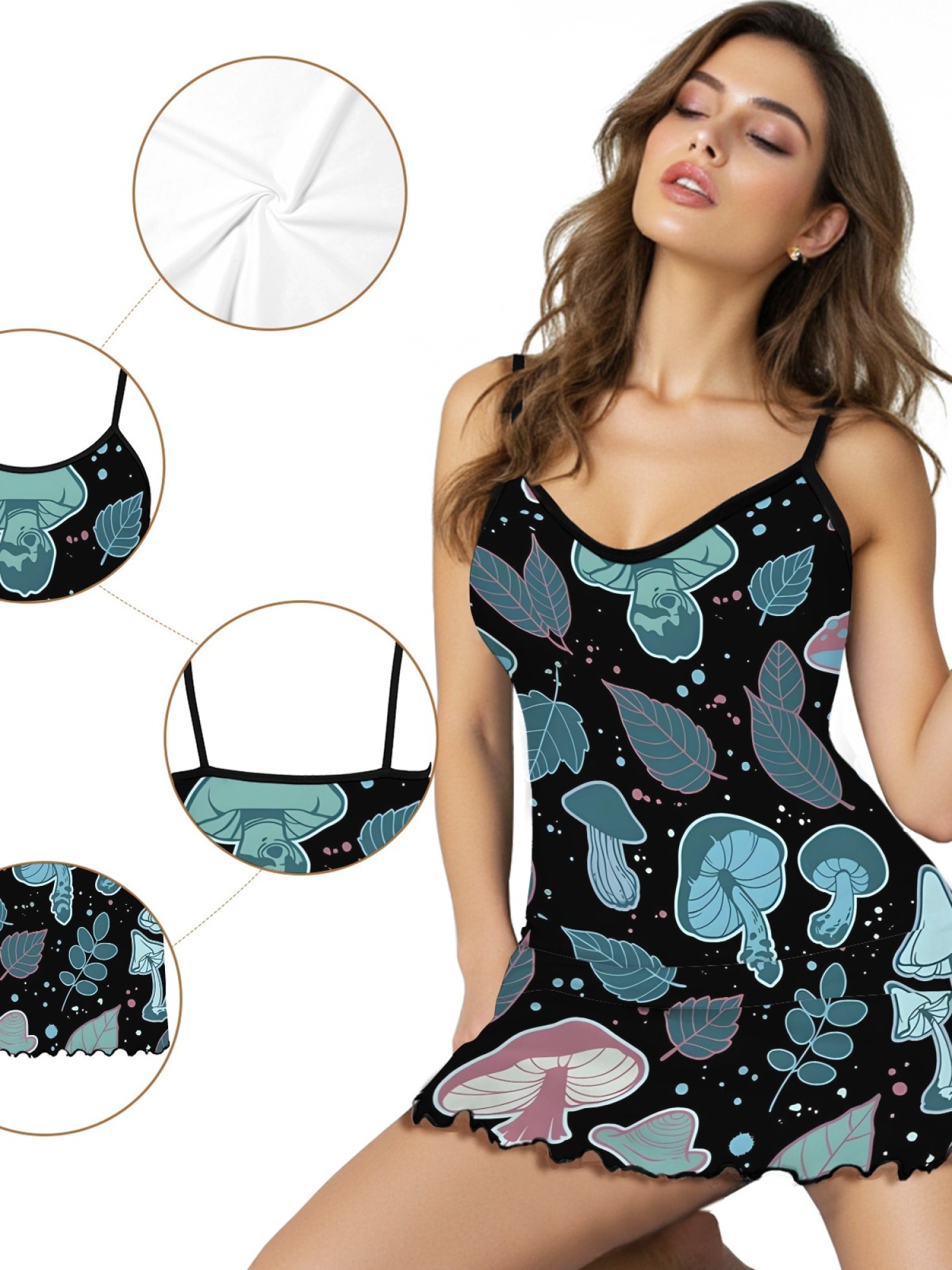 Women's Dreamy Mushroom Print Bodycon Nightdress, Sexy Round Neck Spaghetti Strap Homewear, Sweet Loose Casual Summer Sleepwear