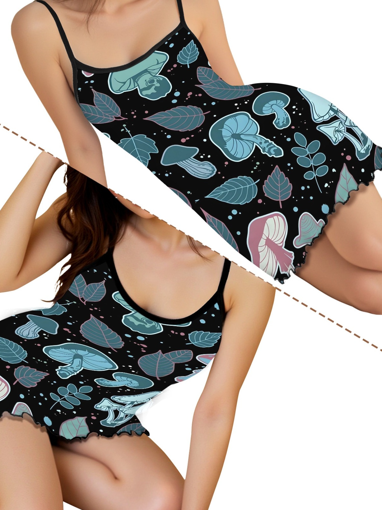 Women's Dreamy Mushroom Print Bodycon Nightdress, Sexy Round Neck Spaghetti Strap Homewear, Sweet Loose Casual Summer Sleepwear