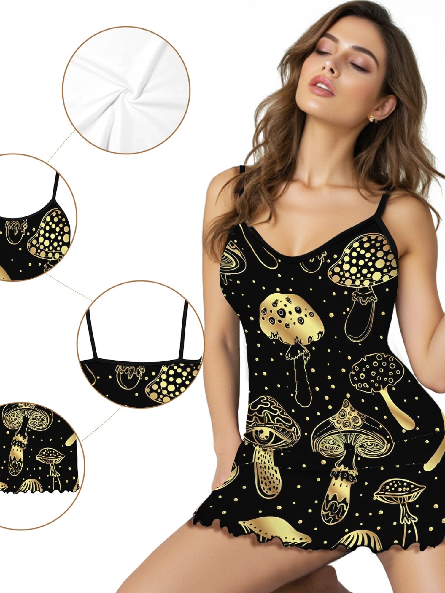 Women's Dreamy Mushroom Print Bodycon Nightdress, Sexy Round Neck Spaghetti Strap Homewear, Sweet Loose Casual Summer Sleepwear