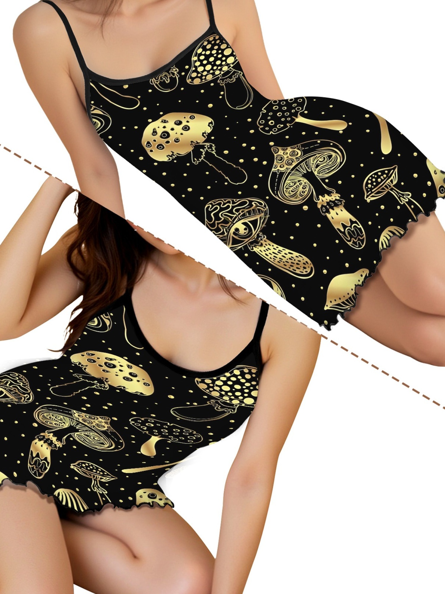 Women's Dreamy Mushroom Print Bodycon Nightdress, Sexy Round Neck Spaghetti Strap Homewear, Sweet Loose Casual Summer Sleepwear