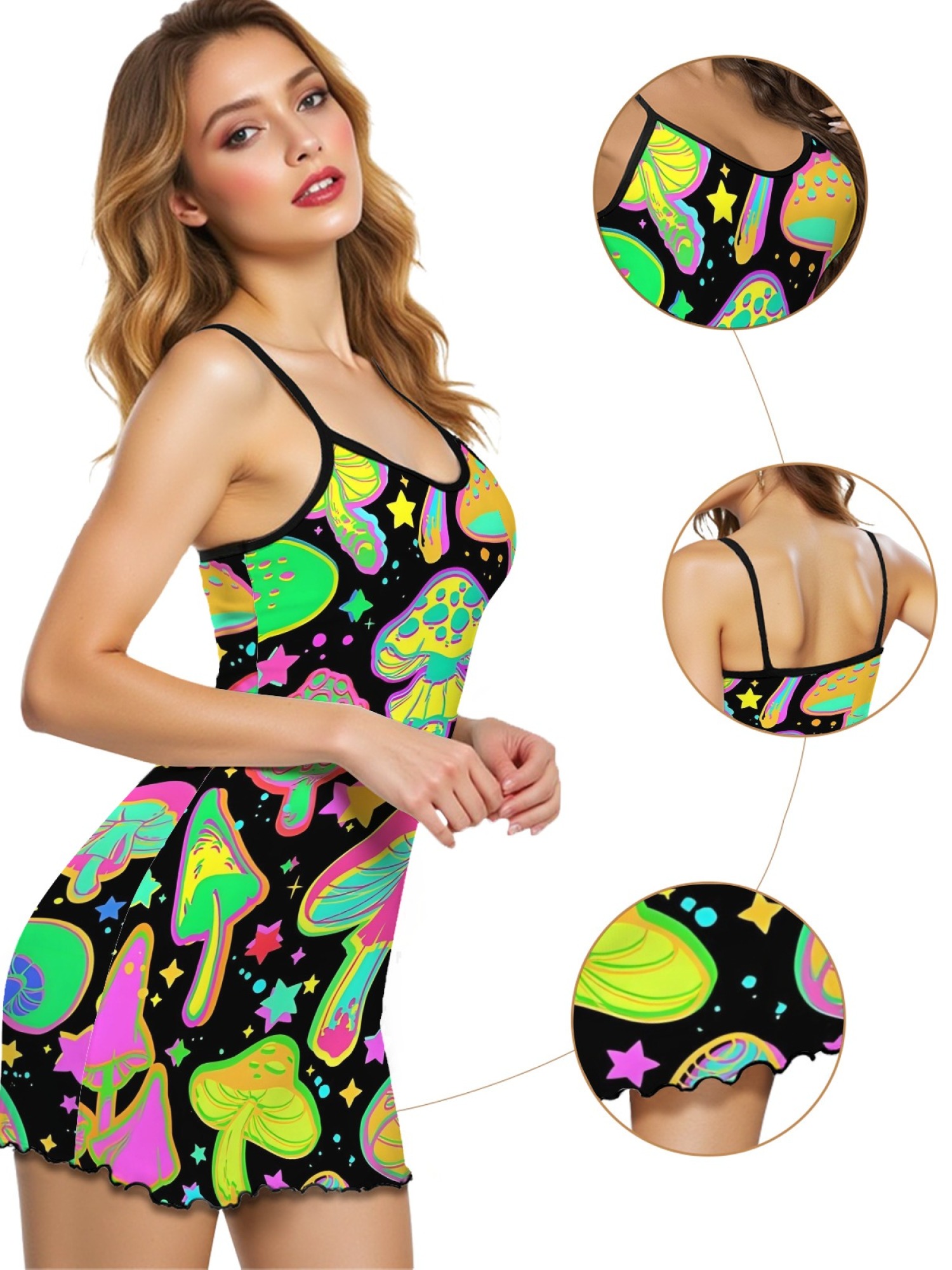 Women's Dreamy Mushroom Print Bodycon Nightdress, Sexy Round Neck Spaghetti Strap Homewear, Sweet Loose Casual Summer Sleepwear