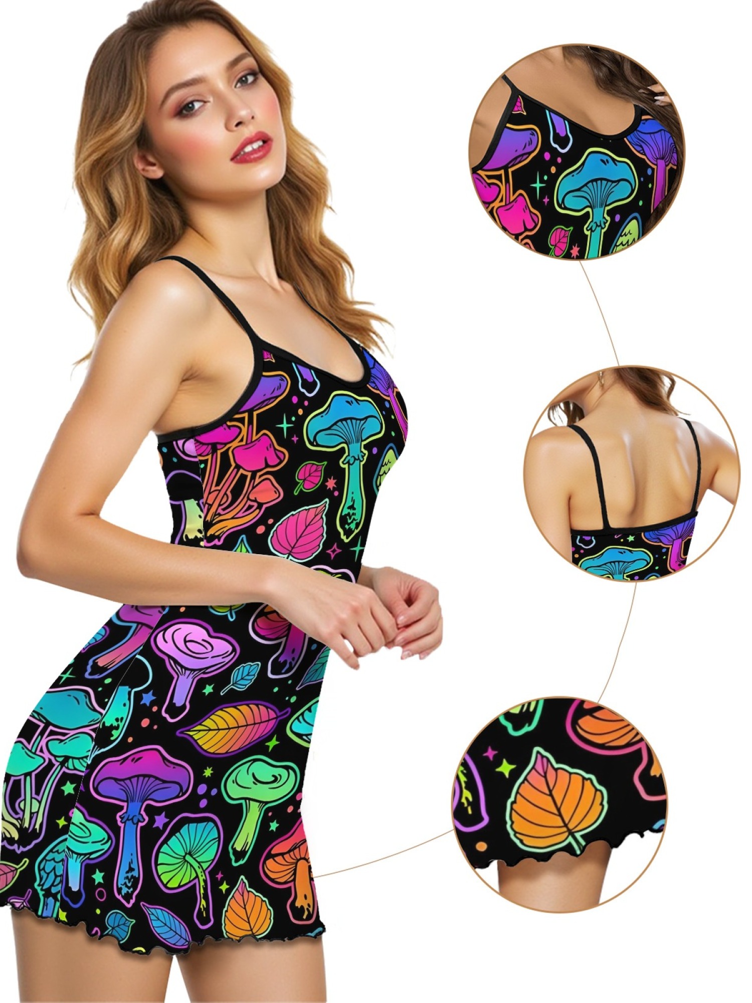 Women's Dreamy Mushroom Print Bodycon Nightdress, Sexy Round Neck Spaghetti Strap Homewear, Sweet Loose Casual Summer Sleepwear