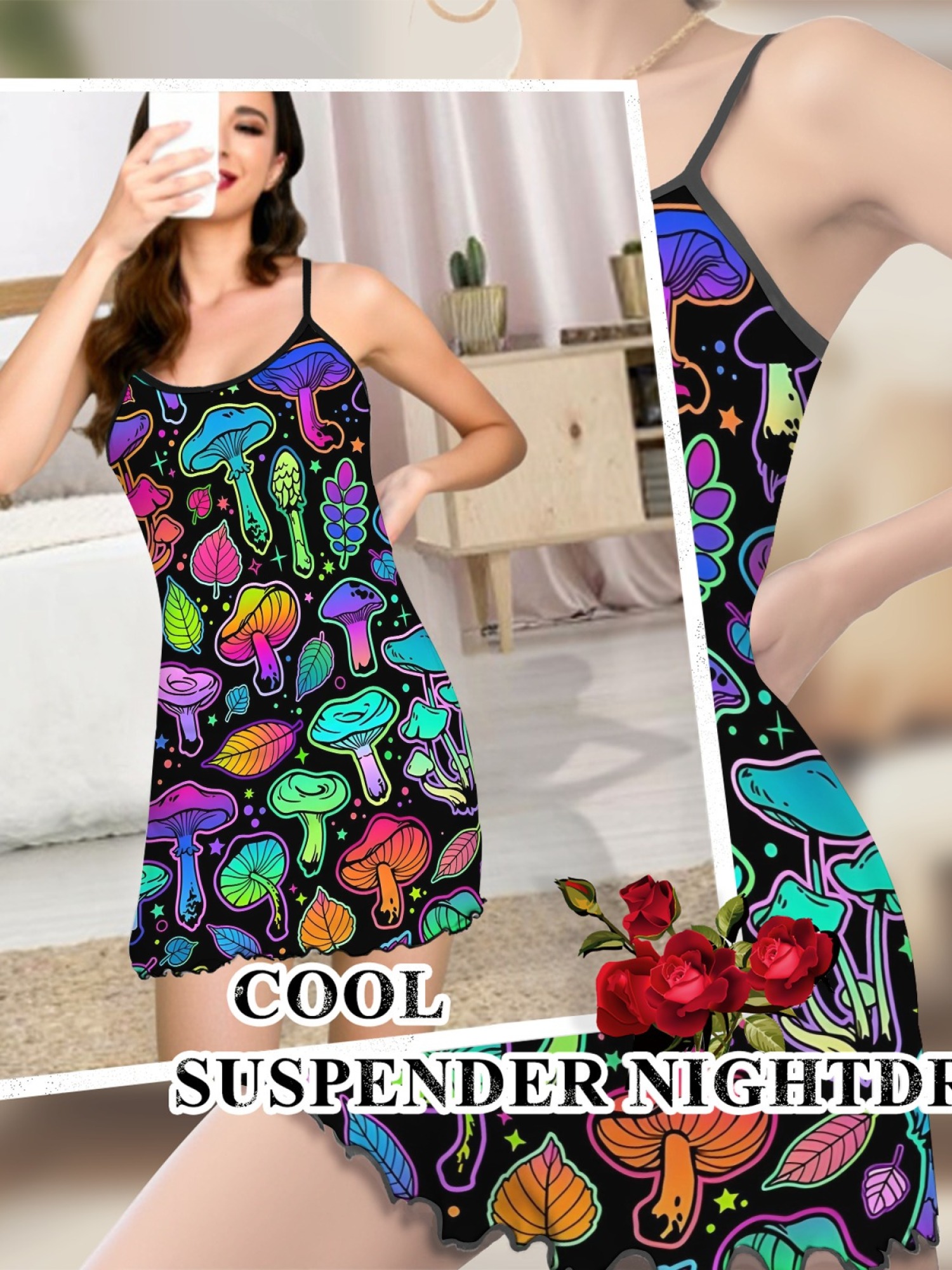 Women's Dreamy Mushroom Print Bodycon Nightdress, Sexy Round Neck Spaghetti Strap Homewear, Sweet Loose Casual Summer Sleepwear