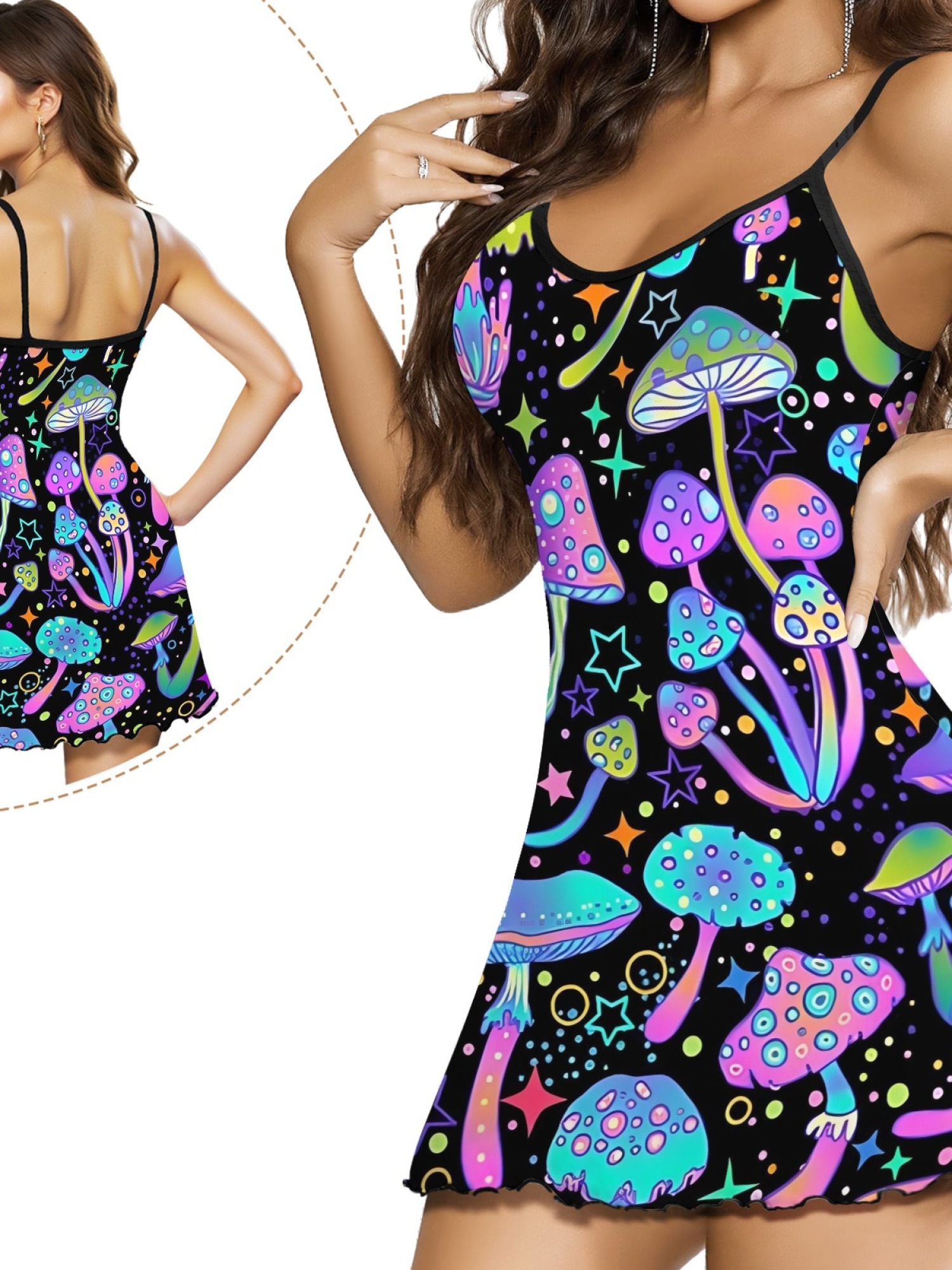 Women's Dreamy Mushroom Print Bodycon Nightdress, Sexy Round Neck Spaghetti Strap Homewear, Sweet Loose Casual Summer Sleepwear